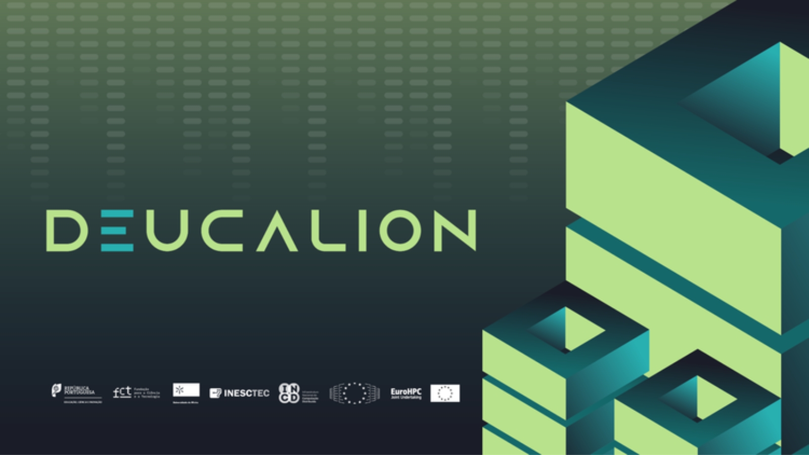 Green banner presenting the supercomputer Deucalion.