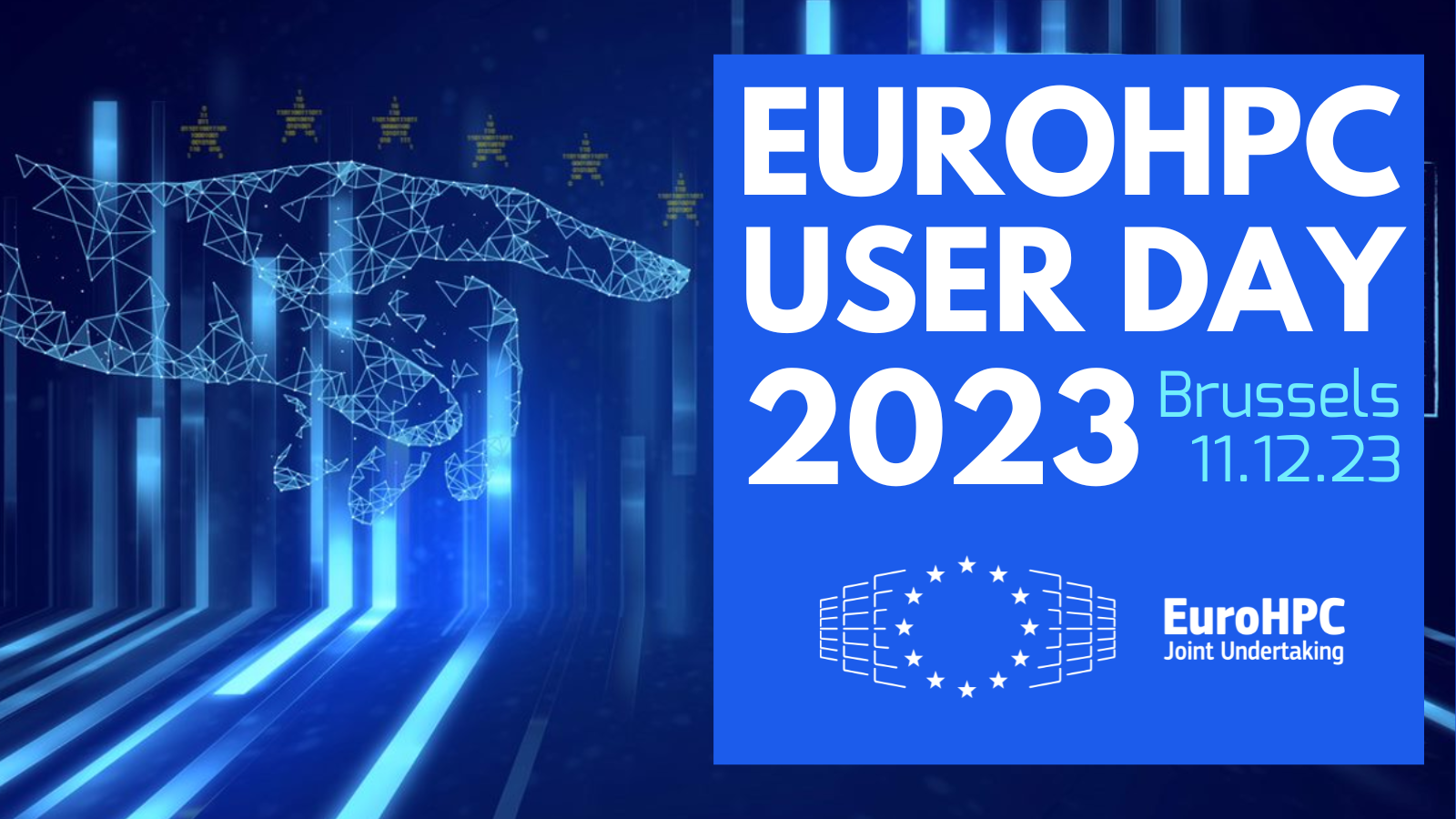 Blue banner with information about EuroHPC User Days 2023, including date and location.