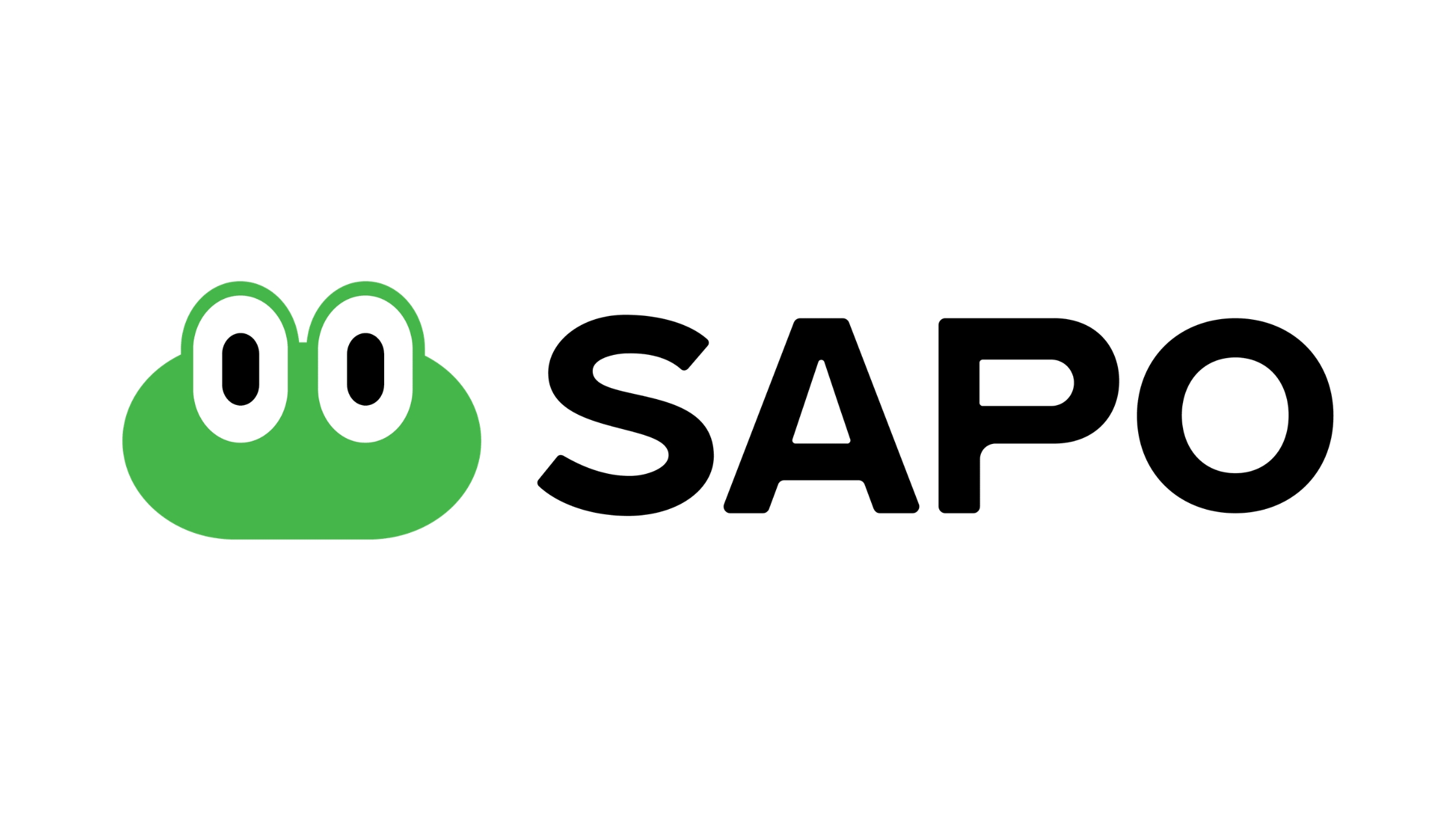 SAPO logo, with name and green cartoon of a frog, in a white background.