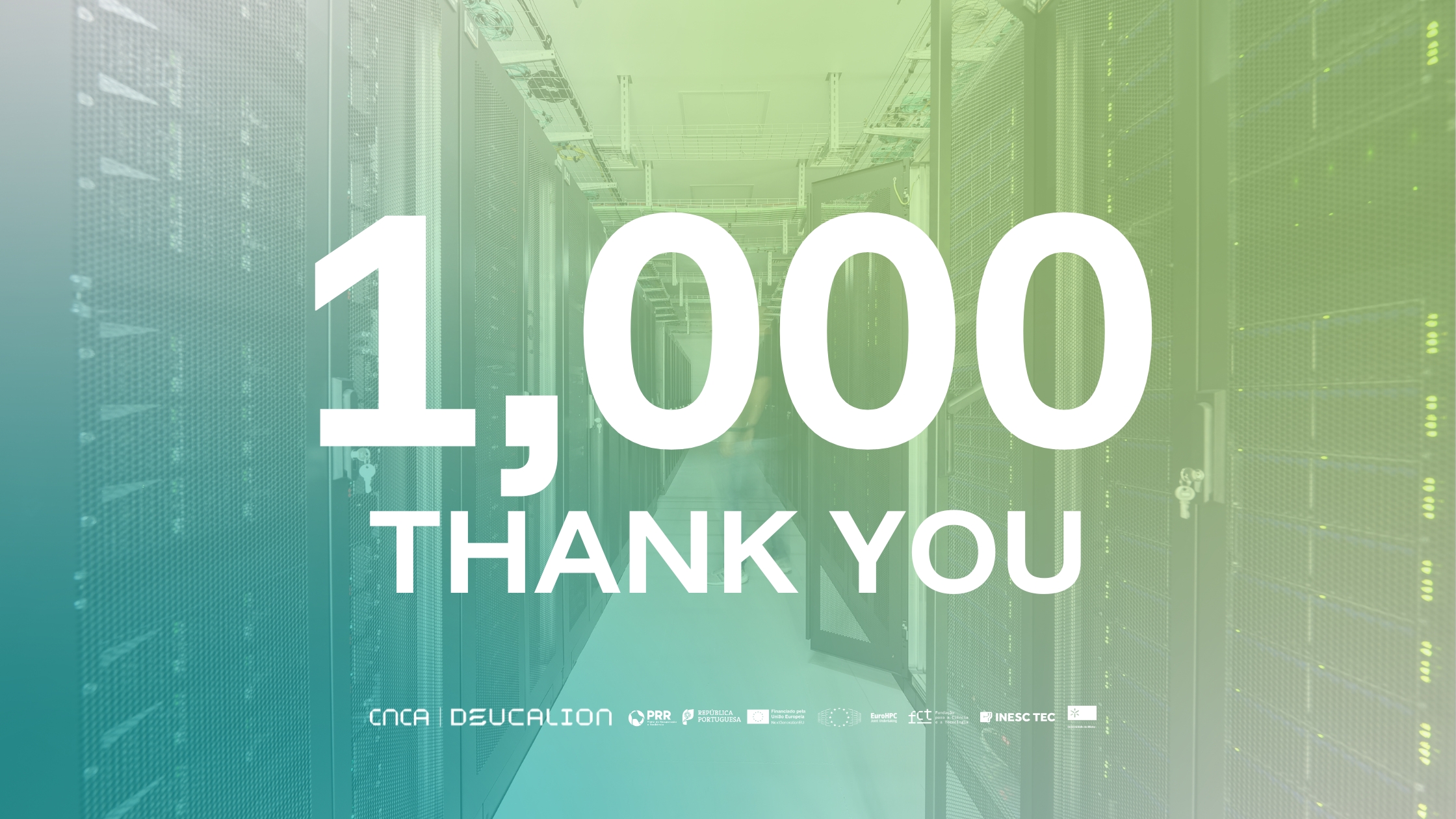 Deucalion supercomputer server corridor with overlay text "1,000 Thank You" marking 1,000 unique HPC users milestone.