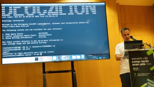 Live terminal session from the Deucalion EuroHPC supercomputer shown during a technical presentation at the Encontro de Computação Avançada 2025.