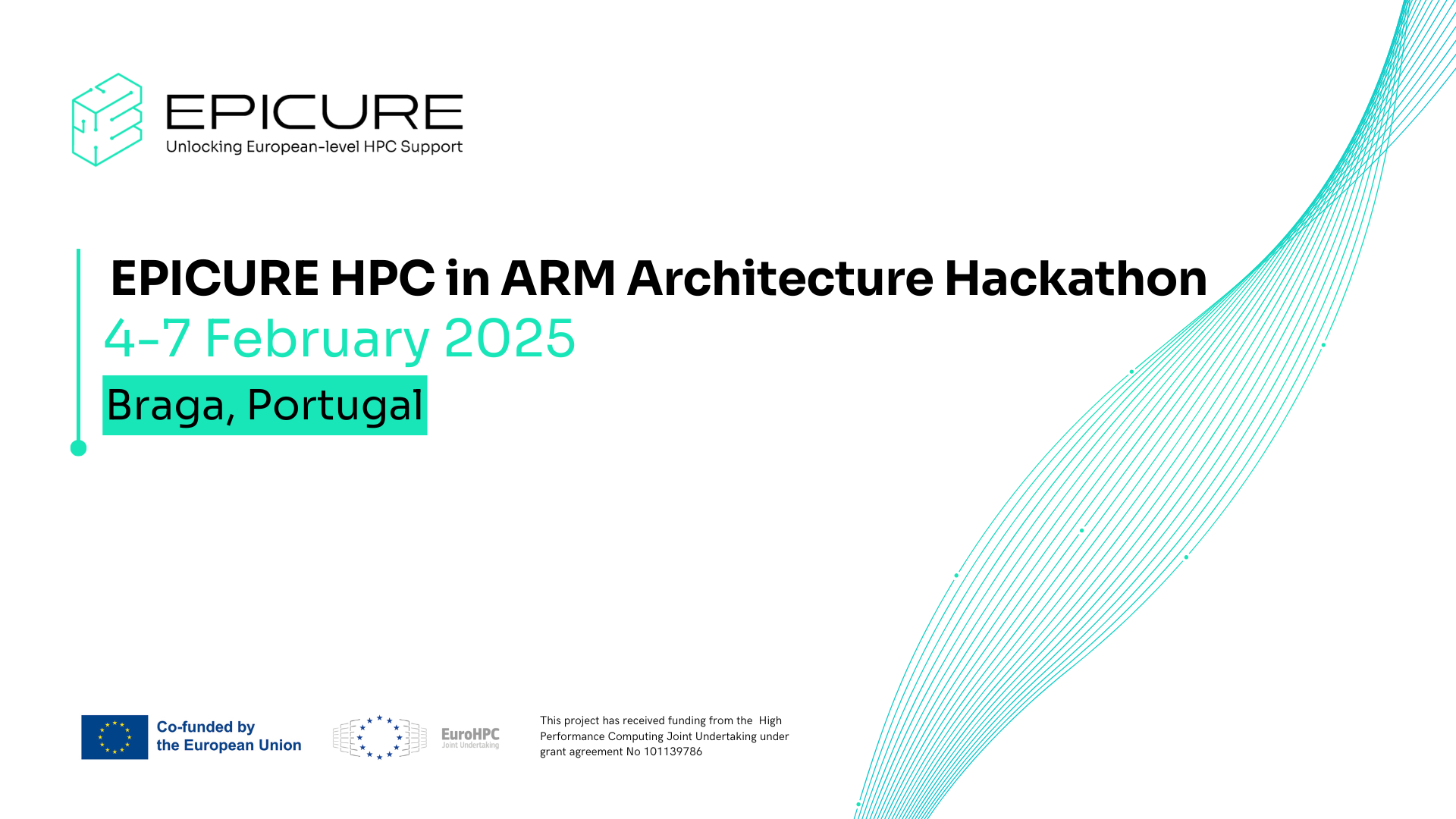 White banner promoting the EPICURE HPC in ARM Architecture Hackathon with information about date and location.