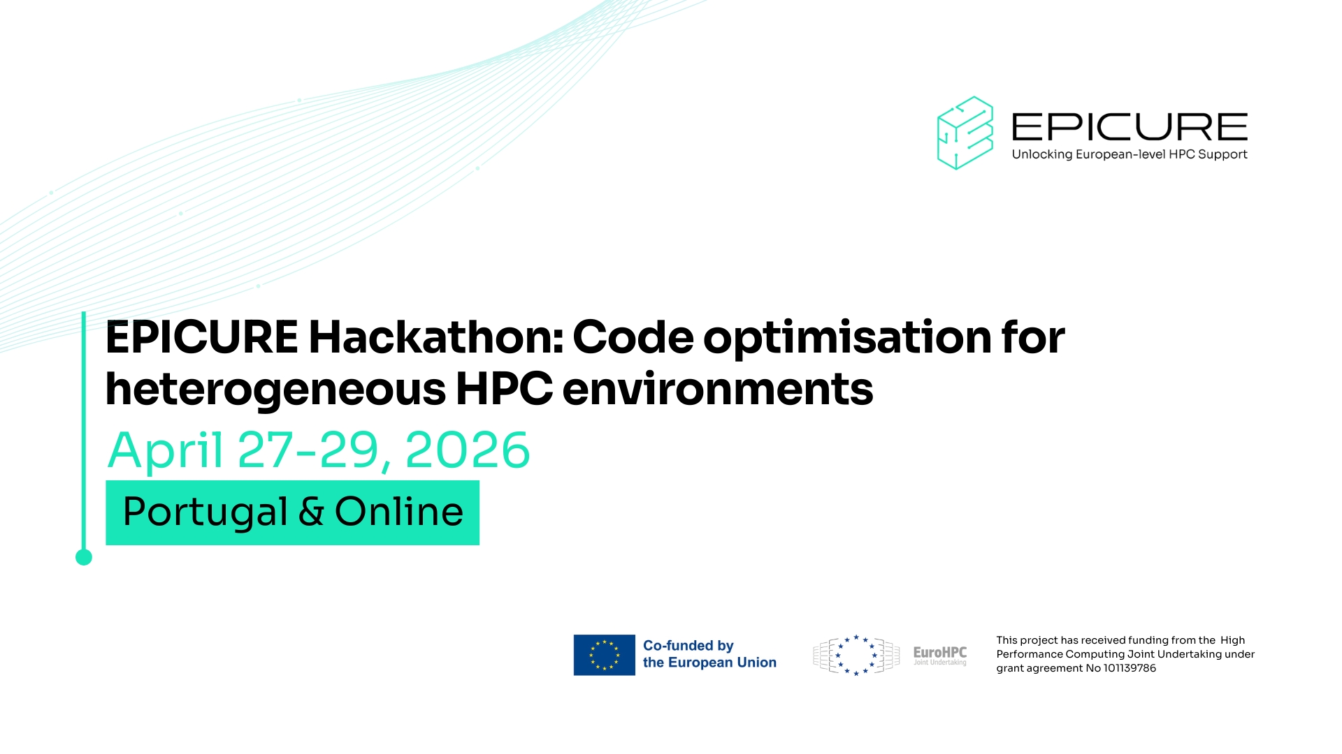 White banner promoting the EPICURE Hackathon for Code Optimisation for heterogeneous HPC environment with information about date and location.
