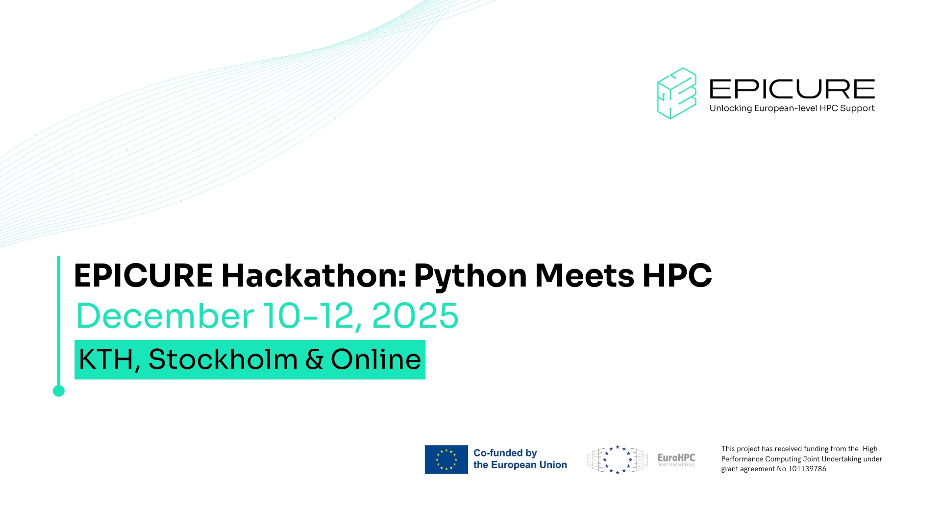 White banner promoting the EPICURE Hackathon: Python Meets HPC with information about date and location.