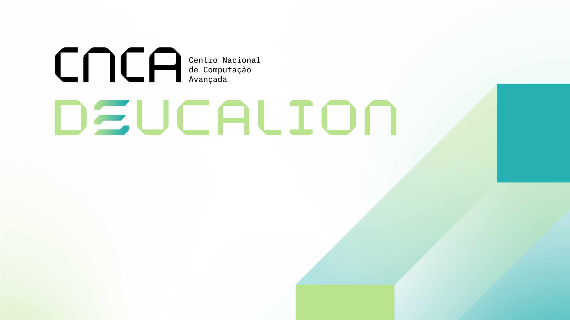 Graphic banner featuring the CNCA and Deucalion logo on a light gradient background, with abstract green and blue geometric shapes on the right side.