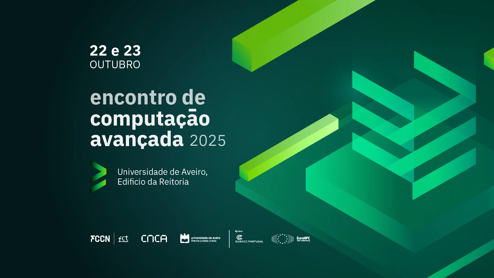 Green banner regarding the 5th Encontro de Computação Avançada in Aveiro.