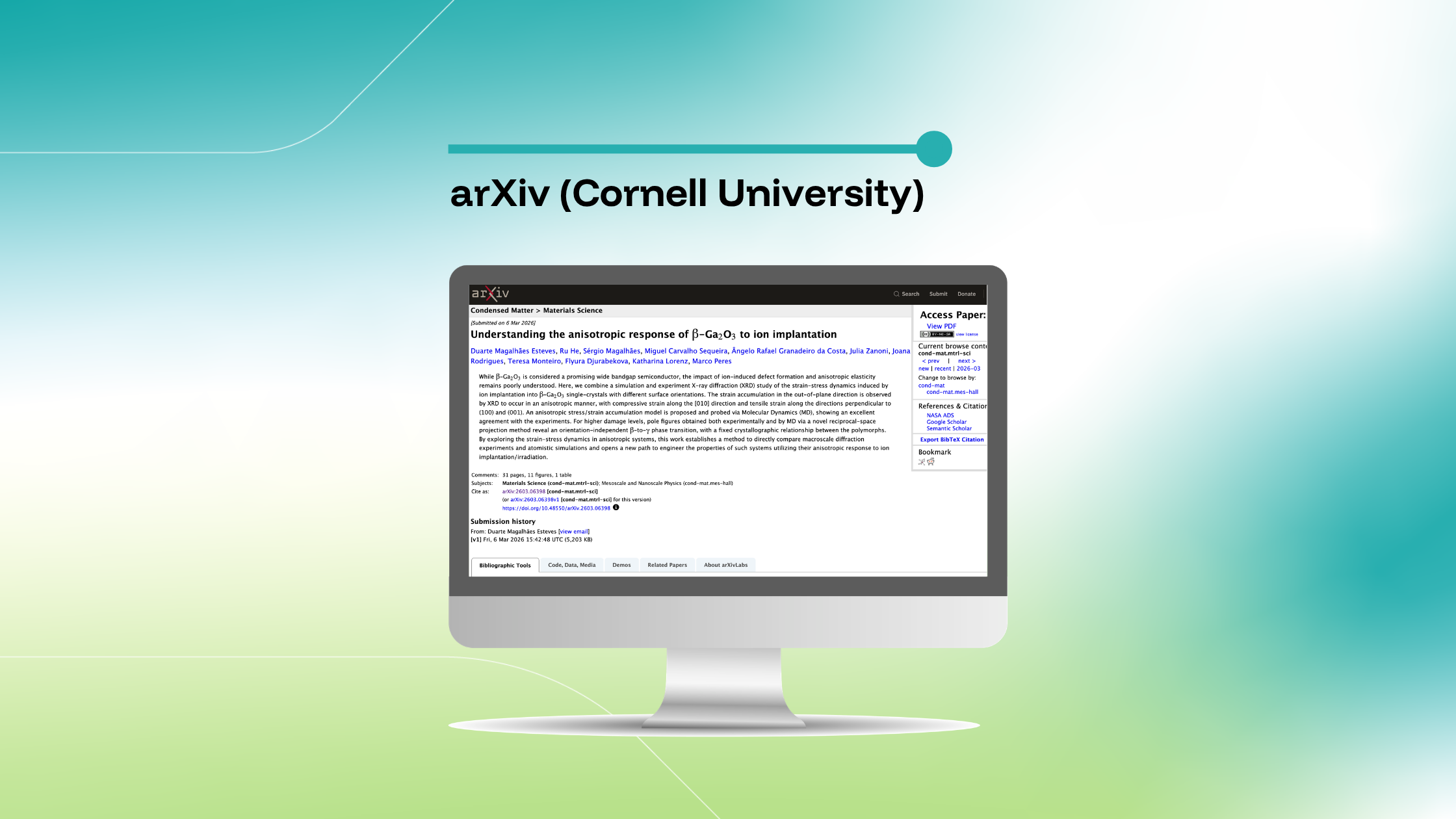 Imagem que destaca um artigo do arXiv intitulado «Understanding the anisotropic response of β-Ga₂O₃ to ion implantation», exibida num ecrã de computador sobre um fundo com um gradiente azul e verde.