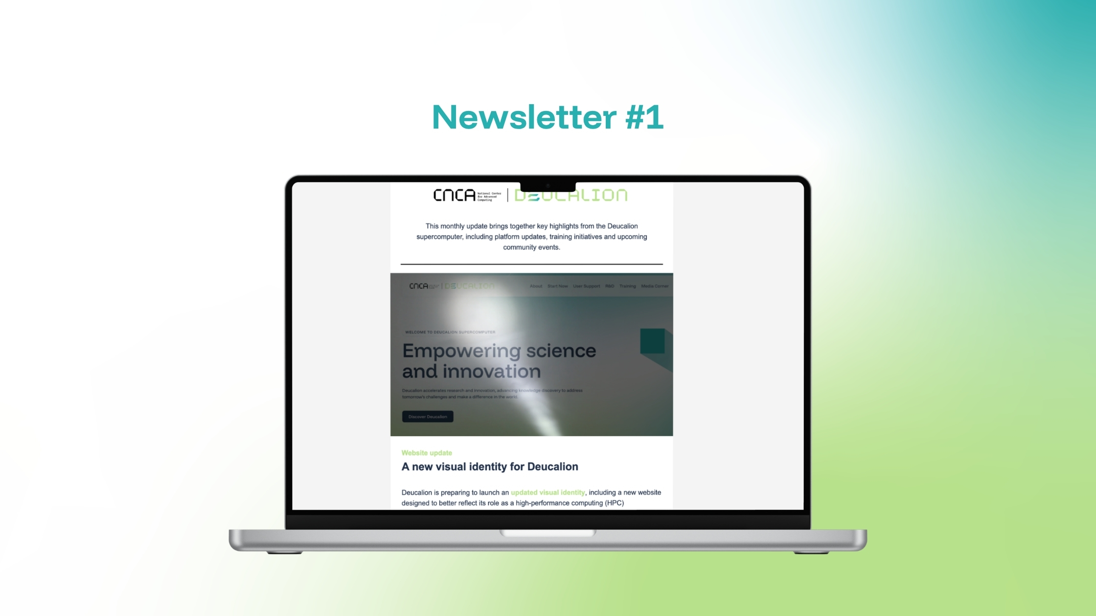 “Newsletter #1” displayed above a laptop showing a Deucalion update, highlighting science and innovation content