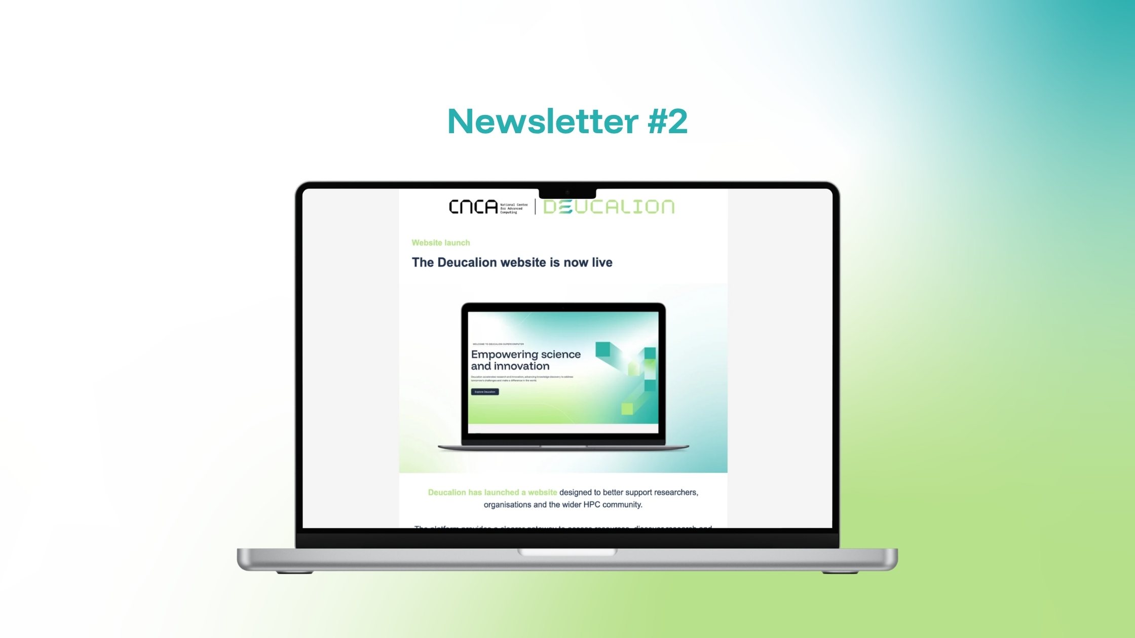 “Newsletter #2” displayed above a laptop showing a Deucalion update, highlighting science and innovation content