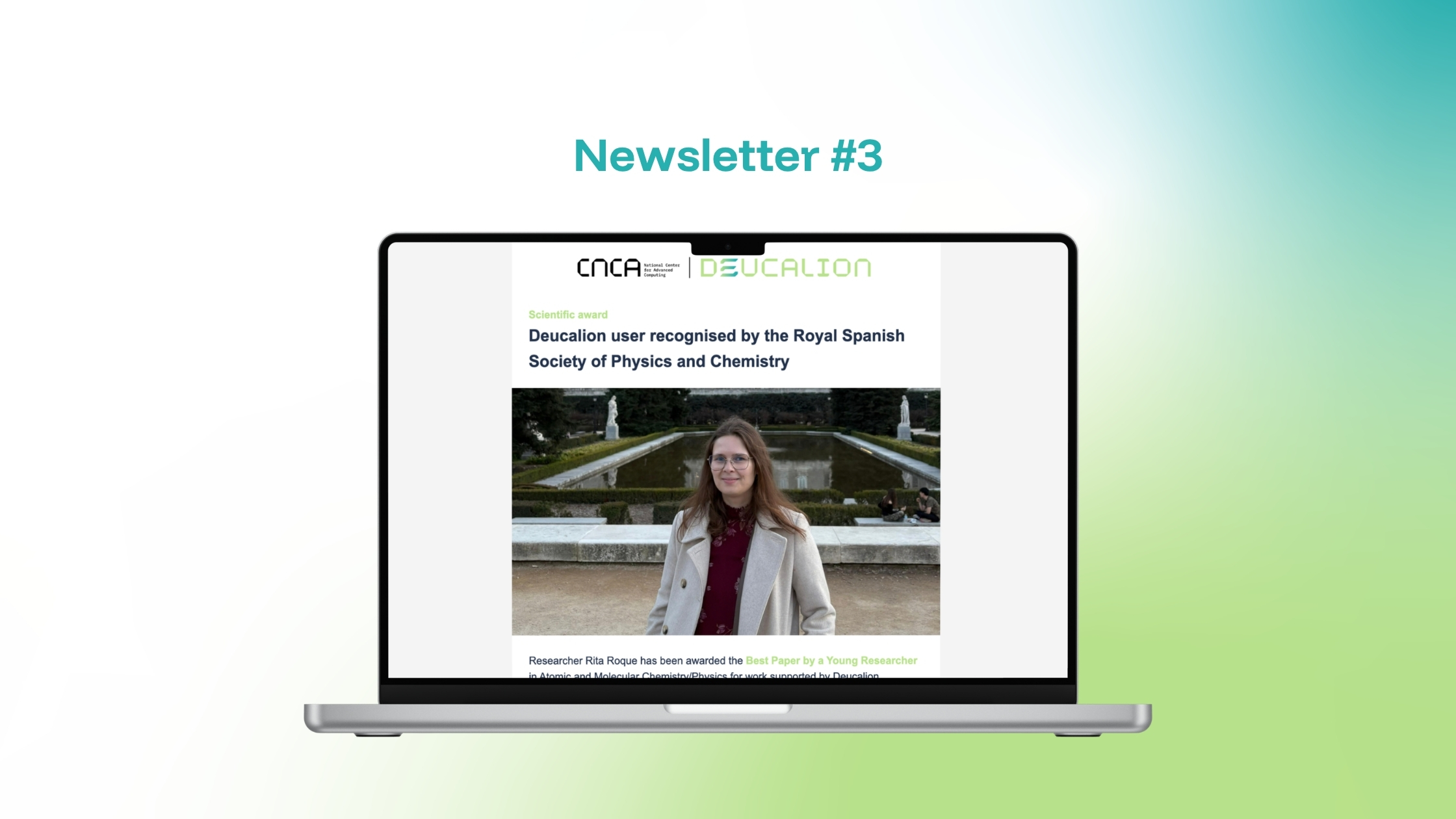 “Newsletter #3” displayed above a laptop showing a Deucalion update, highlighting science and innovation content.