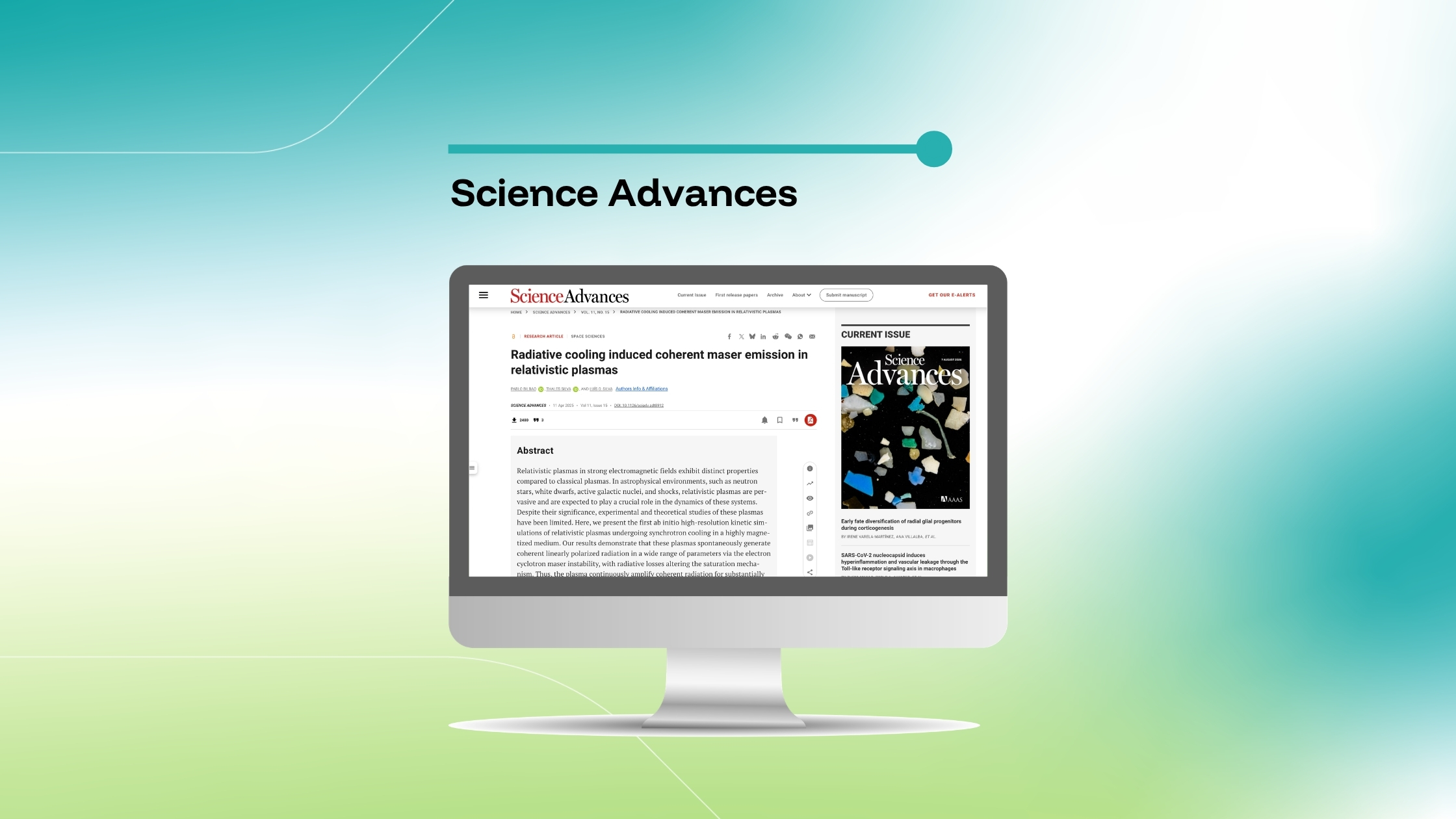 Imagem que destaca um artigo da revista Science Advances intitulado «Radiative cooling induced coherent maser emission in relativistic plasmas», exibida num ecrã de computador sobre um fundo com um gradiente azul e verde.