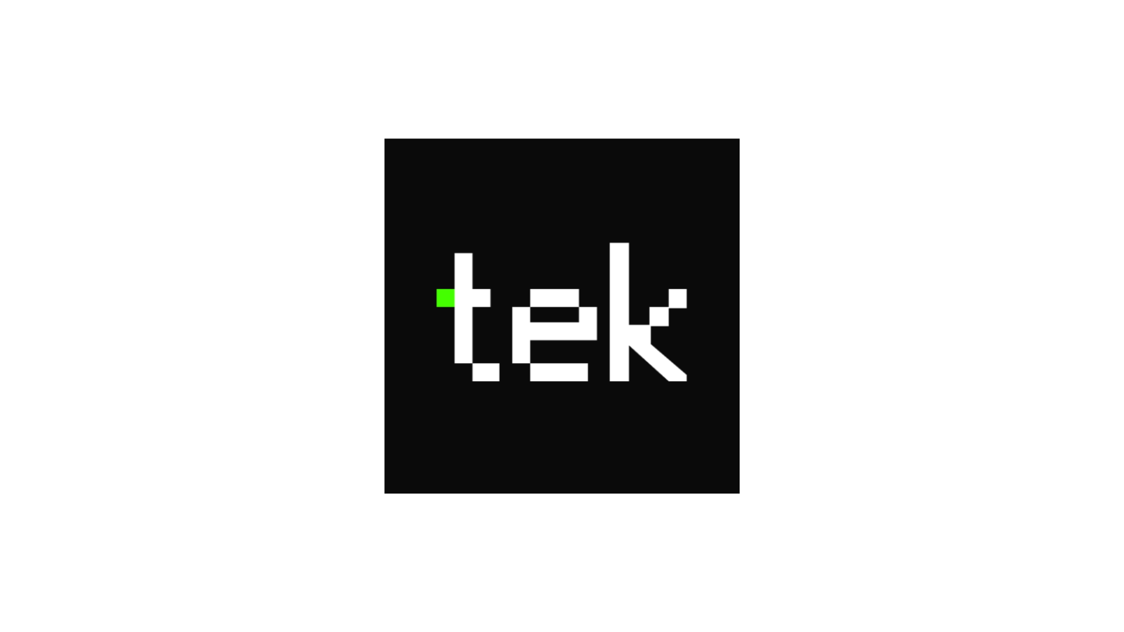 TEK logo displayed in white pixel-style lettering with a small green accent on a black square background.