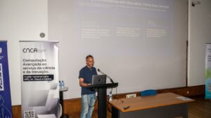 A speaker presents Deucalion AI applications at a CNCA event, with slides highlighting real-world use cases across multiple sectors.