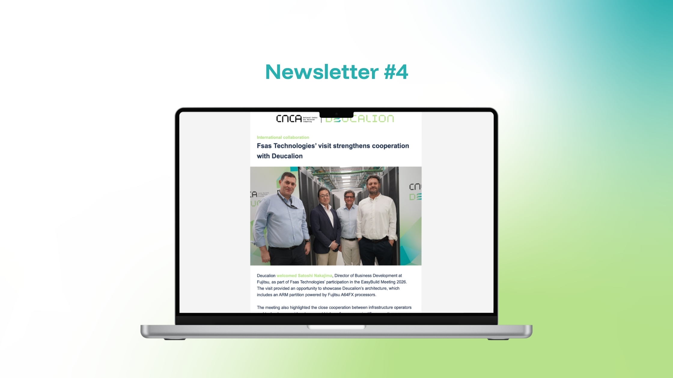 “Newsletter #4” displayed above a laptop showing a Deucalion update, highlighting science and innovation content.