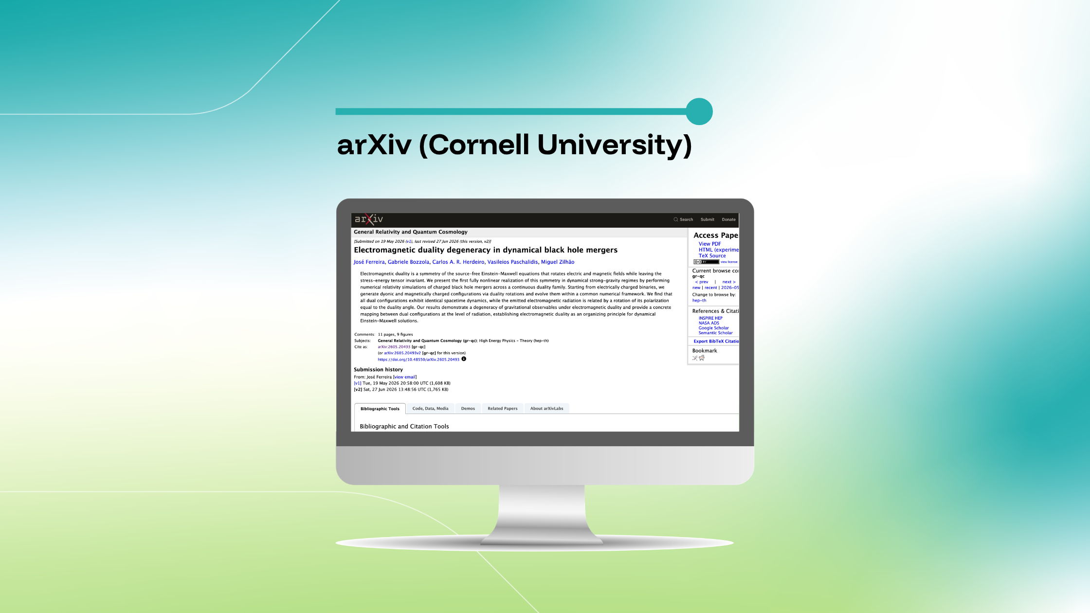 Imagem que destaca um artigo do arXiv intitulado «Electromagnetic duality degeneracy in dynamical black hole mergers», exibido num ecrã de computador sobre um fundo com um gradiente azul e verde.