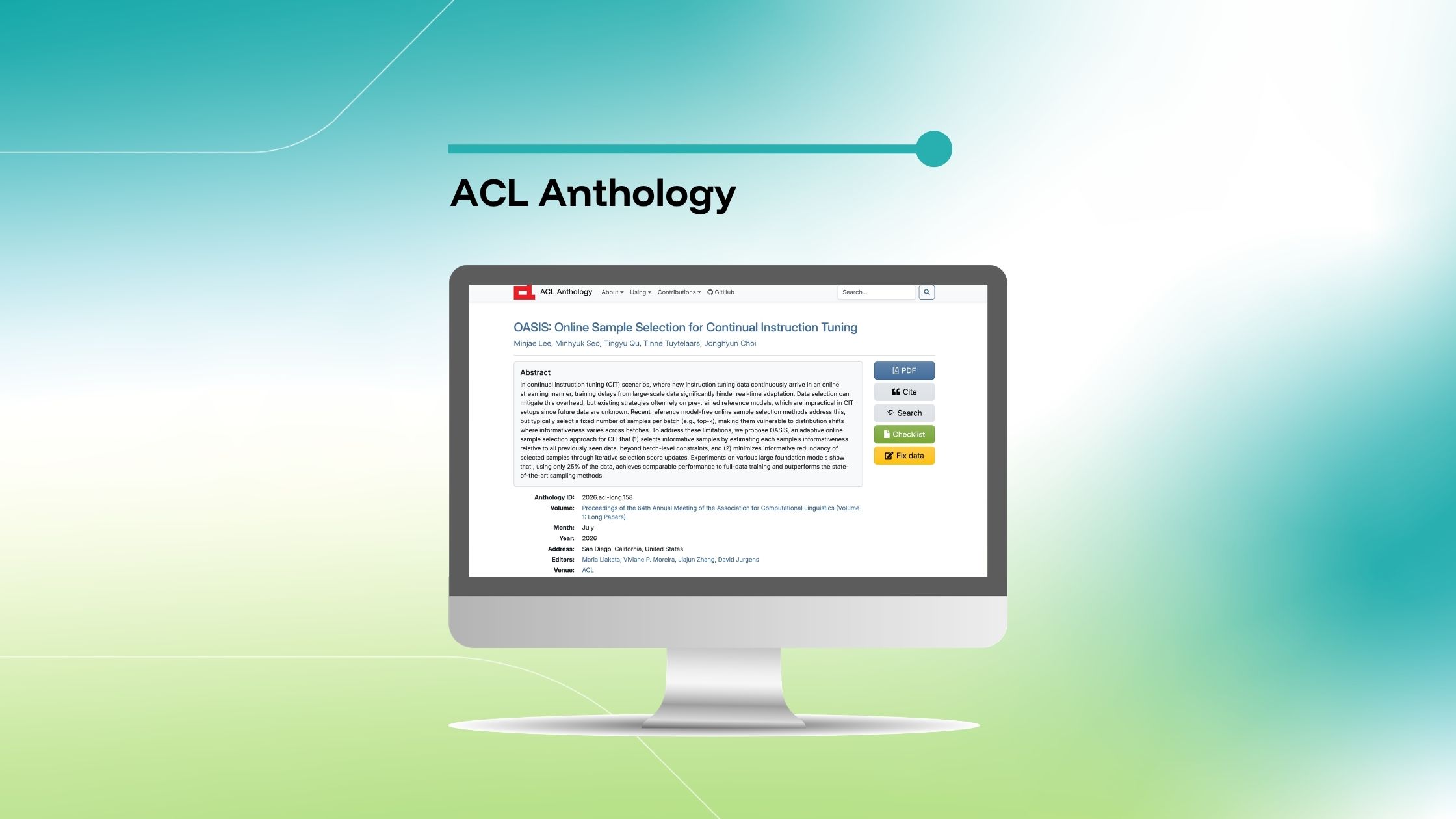 Imagem que destaca um artigo da ACL Anthology intitulado «OASIS: Seleção de Amostras Online para o Ajustamento Contínuo do Ensino», exibido num ecrã de computador sobre um fundo com um gradiente azul e verde.