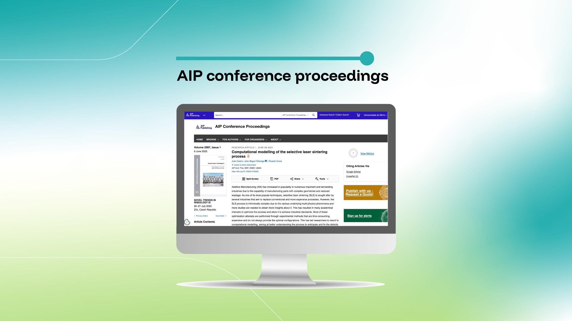 Imagem que destaca um artigo publicado nos Anais da Conferência da AIP intitulado «Computational modelling of the selective laser sintering process», exibido num ecrã de computador sobre um fundo com um gradiente azul e verde.