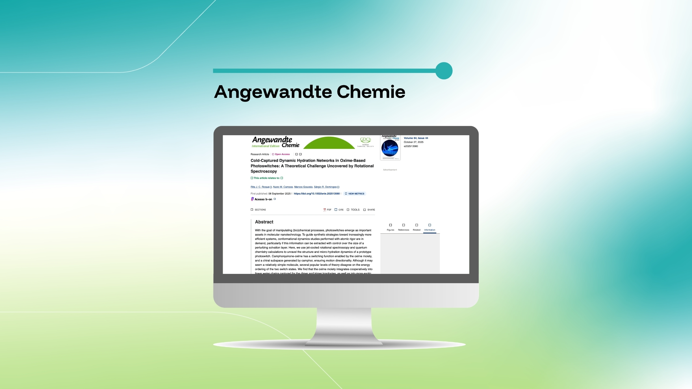 Imagem que destaca um artigo da revista Angewandte Chemie intitulado «Cold-Captured Dynamic Hydration Networks in Oxime-Based Photoswitches: A Theoretical Challenge Uncovered by Rotational Spectroscopy», exibida num ecrã de computador sobre um fundo com um gradiente azul e verde.
