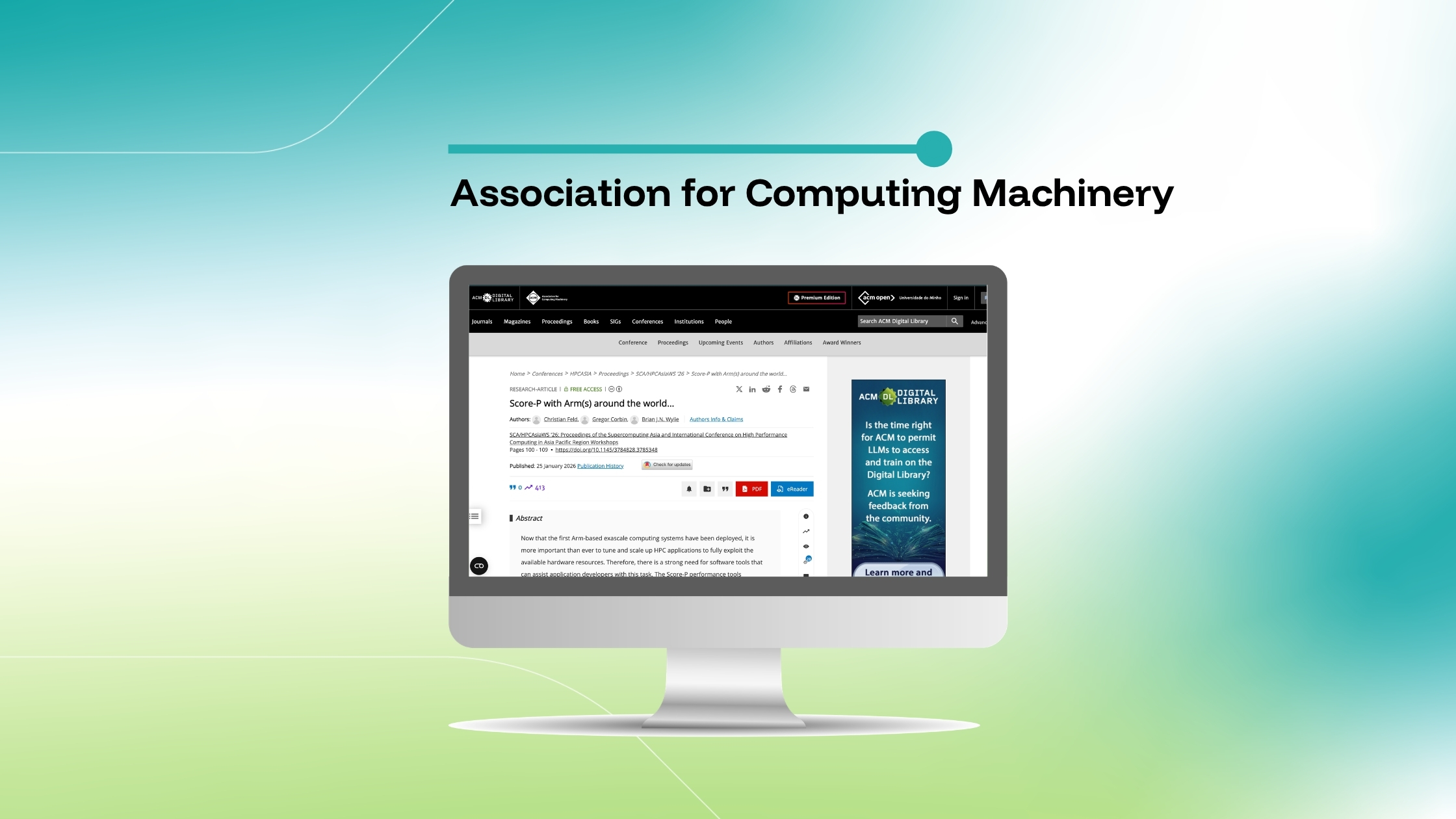 Imagem que destaca um artigo da Association for Computing Machinery intitulado «Score-P with Arm(s) around the world...», exibido num ecrã de computador sobre um fundo com um gradiente azul e verde.