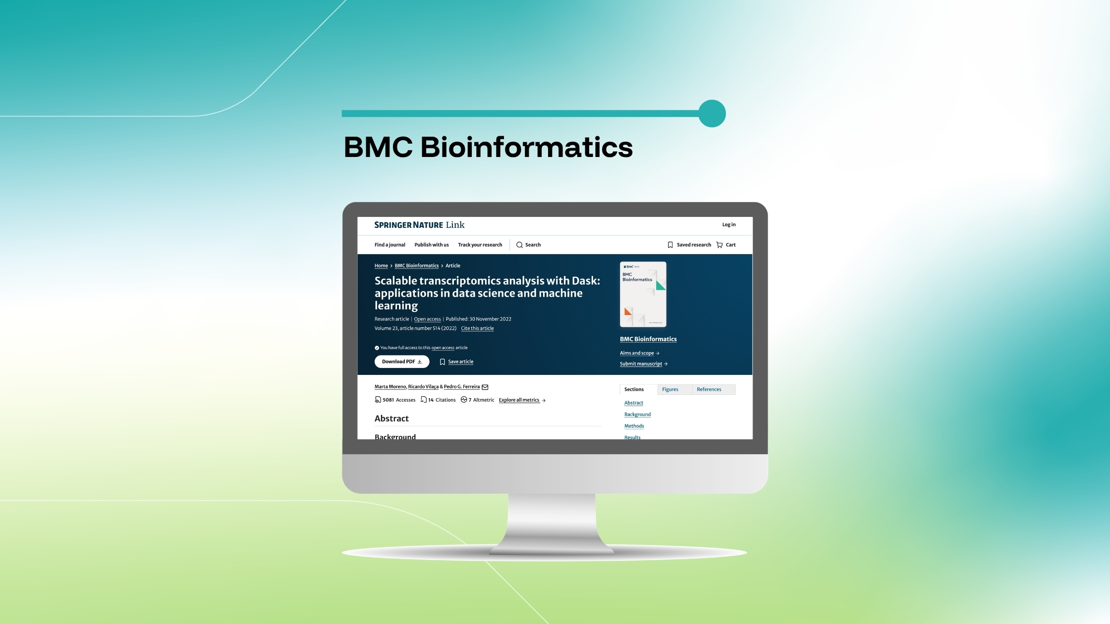 Imagem que destaca um artigo da BMC Bioinformatics intitulado «Scalable transcriptomics analysis with Dask: applications in data science and machine learning», exibido num ecrã de computador sobre um fundo com um gradiente azul e verde.