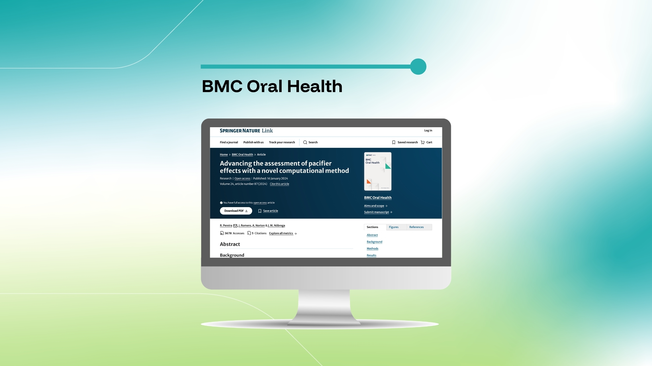 Imagem que destaca um artigo da BMC Oral Health intitulado «Advancing the assessment of pacifier effects with a novel computational method», exibido num ecrã de computador sobre um fundo com um gradiente azul e verde.
