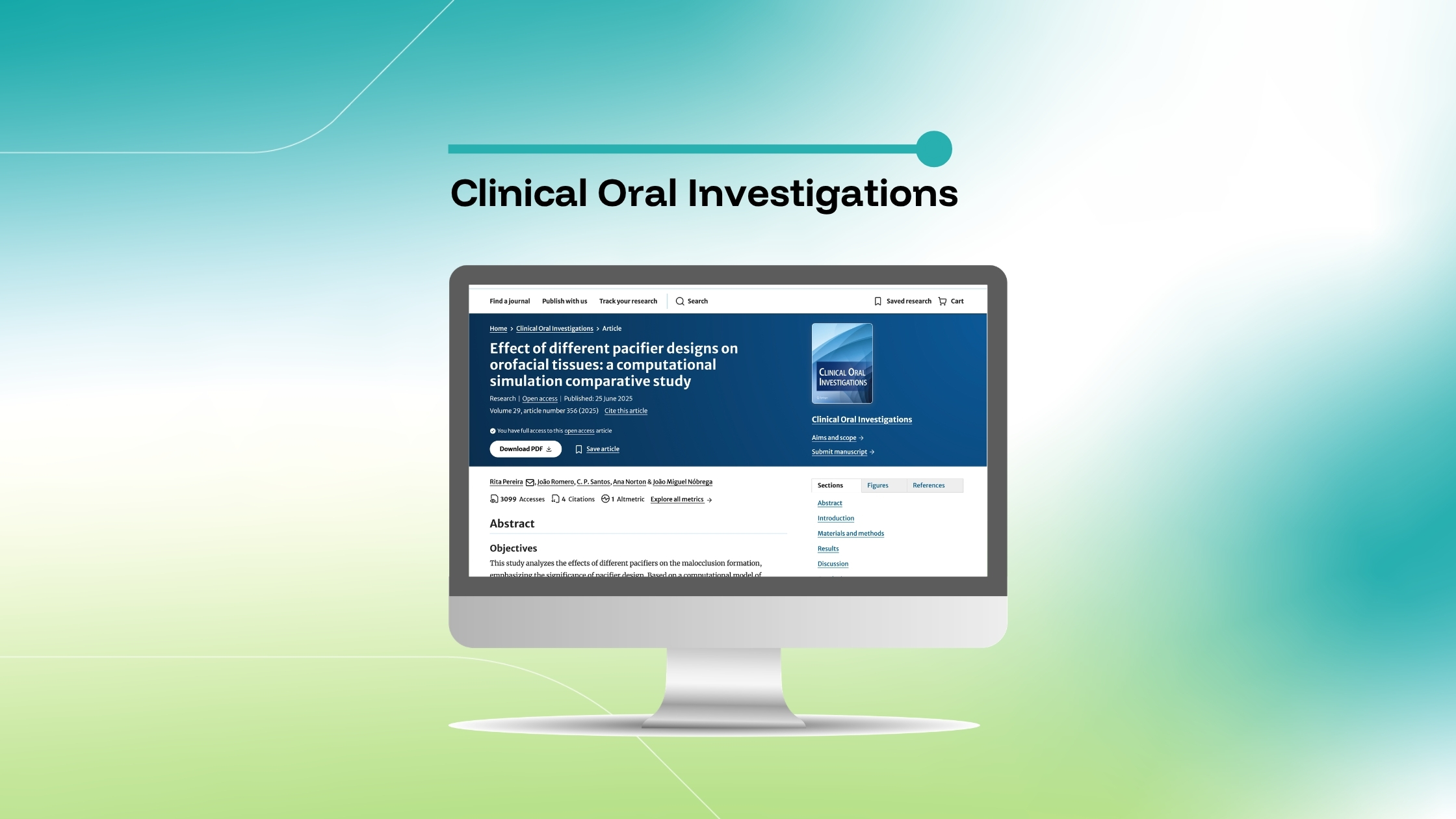 Imagem que destaca um artigo da revista Clinical Oral Investigations intitulado «Effect of different pacifier designs on orofacial tissues: a computational simulation comparative study», exibido num ecrã de computador sobre um fundo com um gradiente azul e verde.