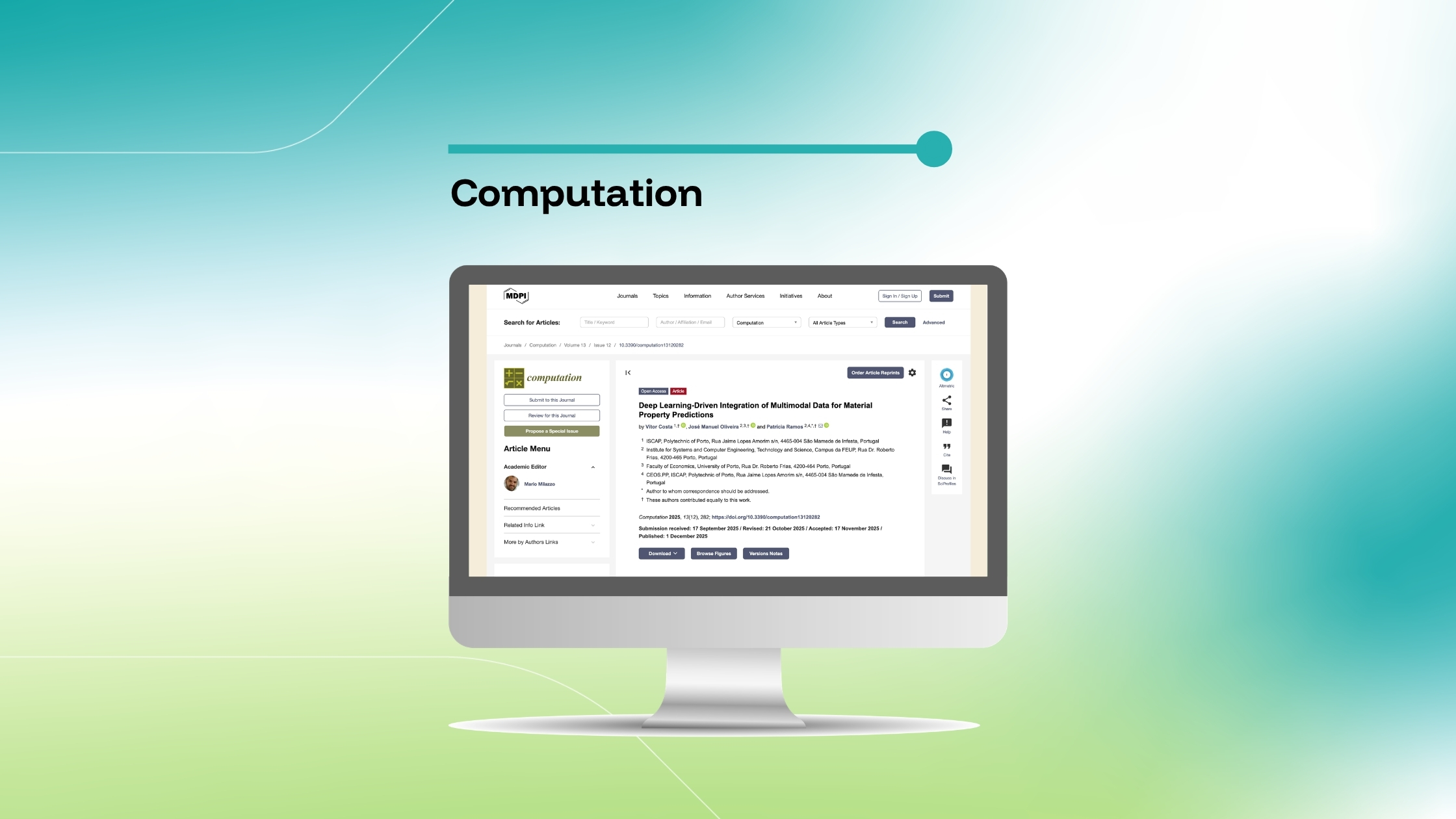 Imagem que destaca um artigo da revista Computation intitulado «Deep Learning-Driven Integration of Multimodal Data for Material Property Predictions», exibido num ecrã de computador sobre um fundo com um gradiente azul e verde.