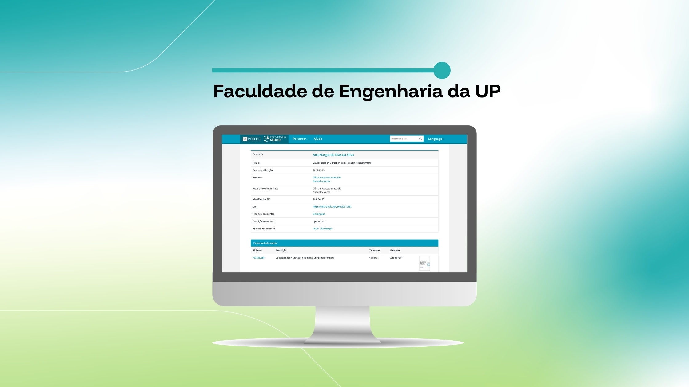 Imagem que destaca uma entrada do repositório da Faculdade de Engenharia da Universidade do Porto intitulada «Causal Relation Extraction from Text using Transformers», exibida num ecrã de computador sobre um fundo com um gradiente azul e verde.