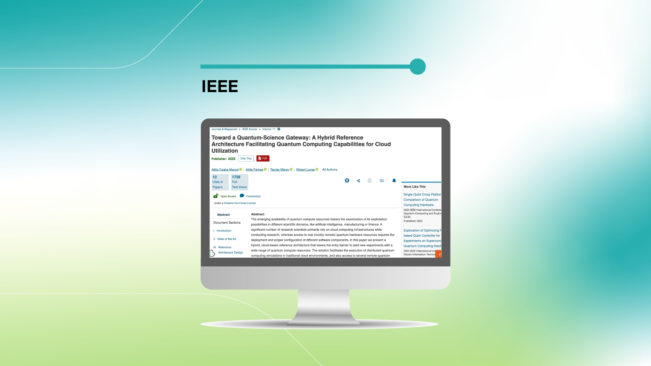 Imagem que destaca um artigo da IEEE intitulado «Toward a Quantum-Science Gateway: A Hybrid Reference Architecture Facilitating Quantum Computing Capabilities for Cloud Utilization», exibida num ecrã de computador sobre um fundo com um gradiente azul e verde.
