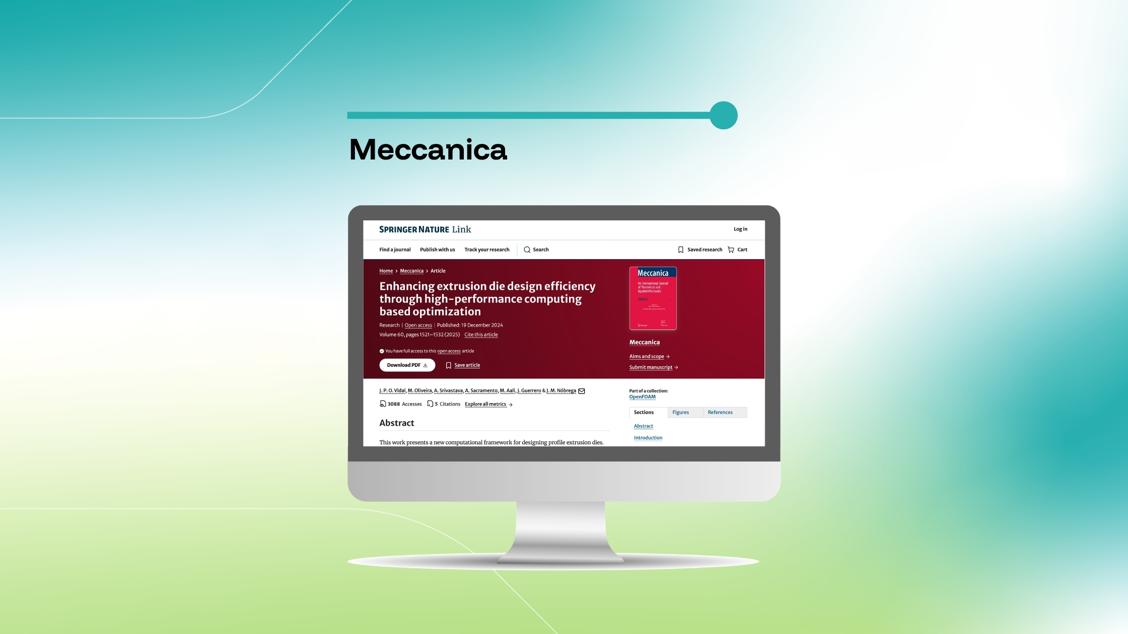 Imagem que destaca um artigo da Meccanica intitulado «Enhancing extrusion die design efficiency through high-performance computing based optimization», exibida num ecrã de computador sobre um fundo com um gradiente azul e verde.