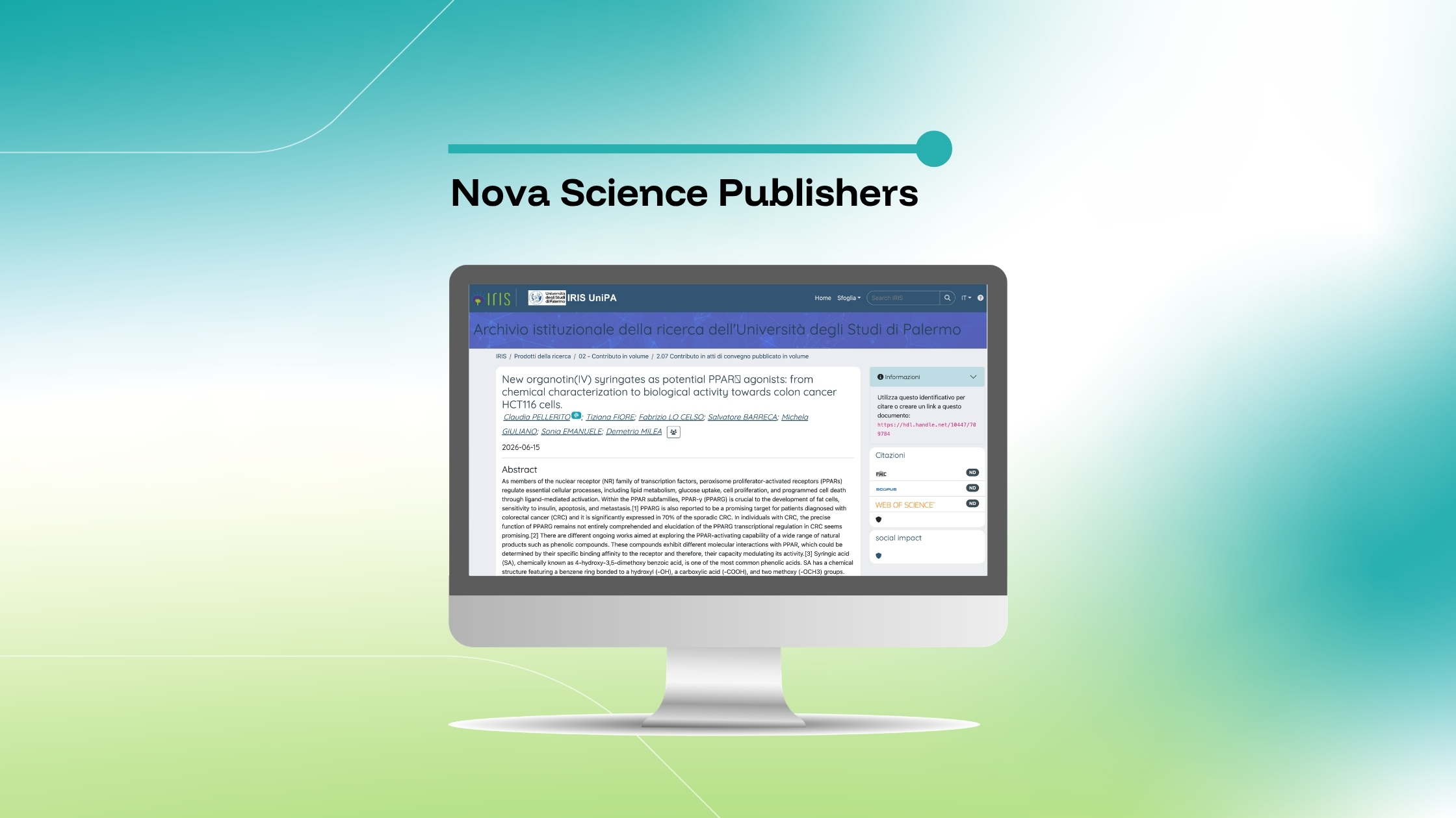 Imagem que destaca uma publicação científica da Nova Science Publishers intitulada «Novos substitutos do organoestânico(IV) como potenciais agonistas do PPARγ: da caracterização química à atividade biológica nas células HCT116 do cancro do cólon», exibida num ecrã de computador sobre um fundo com um gradiente azul e verde.