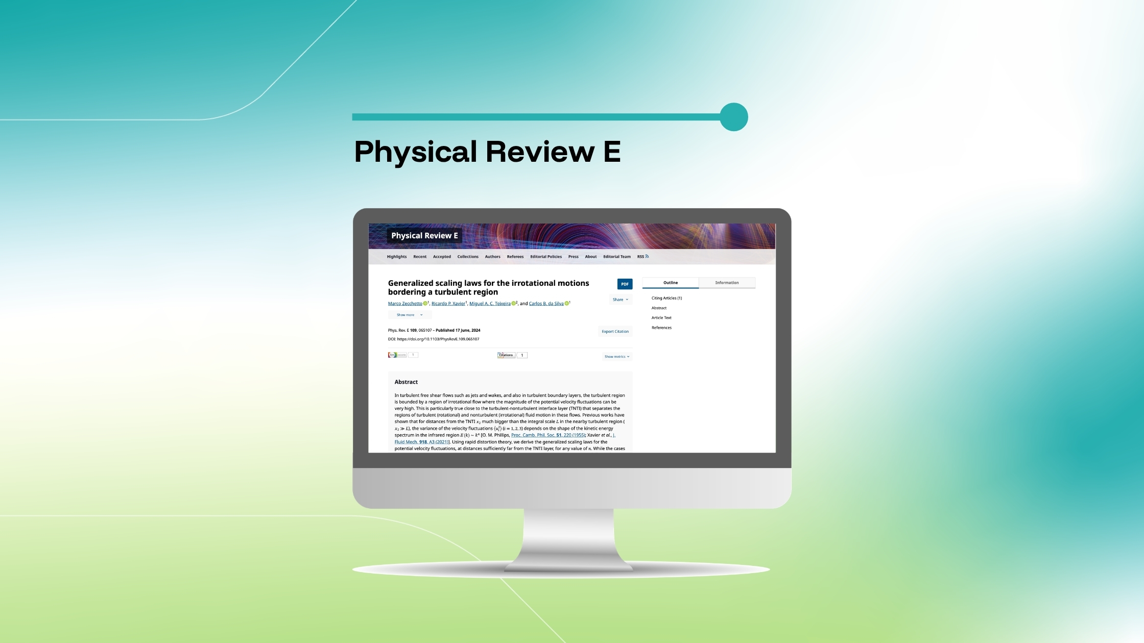 Imagem que destaca um artigo da revista Physical Review E intitulado «Generalized scaling laws for the irrotational motions bordering a turbulent region», exibida num ecrã de computador sobre um fundo com um gradiente azul e verde.