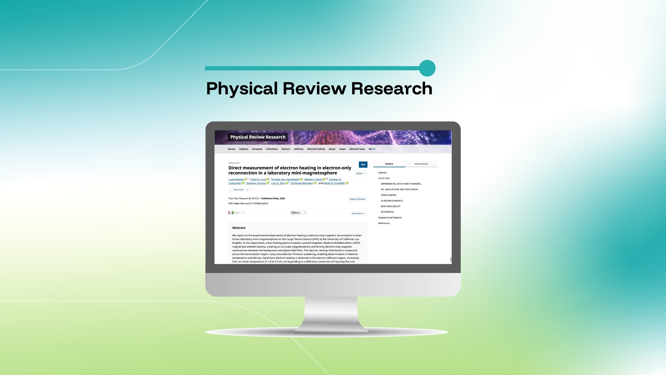 Imagem que destaca um artigo da revista Physical Review Research intitulado «Direct measurement of electron heating in electron-only reconnection in a laboratory mini-magnetosphere», exibida num monitor de computador sobre um fundo com um gradiente azul e verde.
