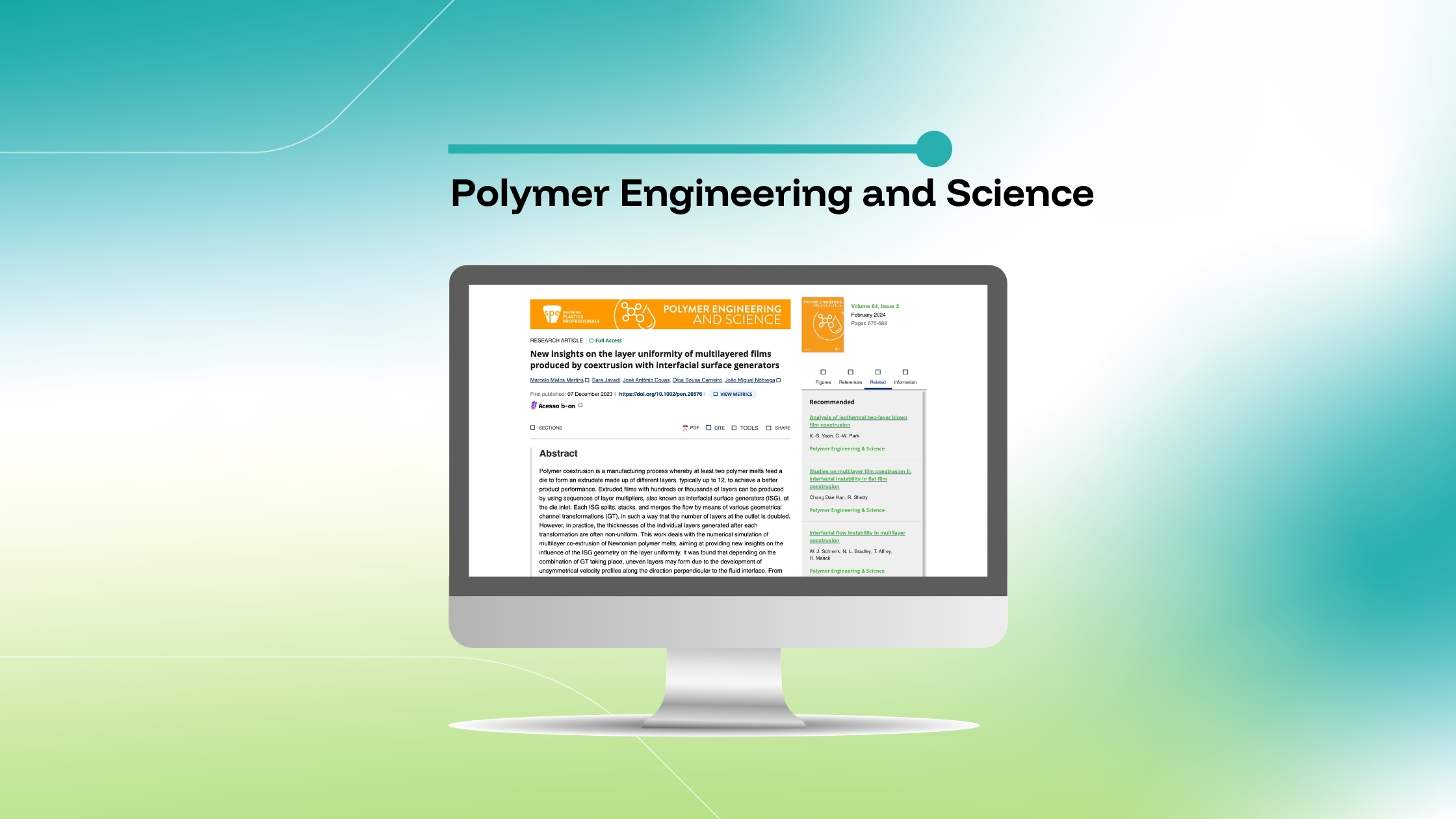 Imagem que destaca um artigo da revista Polymer Engineering and Science intitulado «New insights on the layer uniformity of multilayered films produced by coextrusion with interfacial surface generators», exibida num ecrã de computador sobre um fundo com um gradiente azul e verde.
