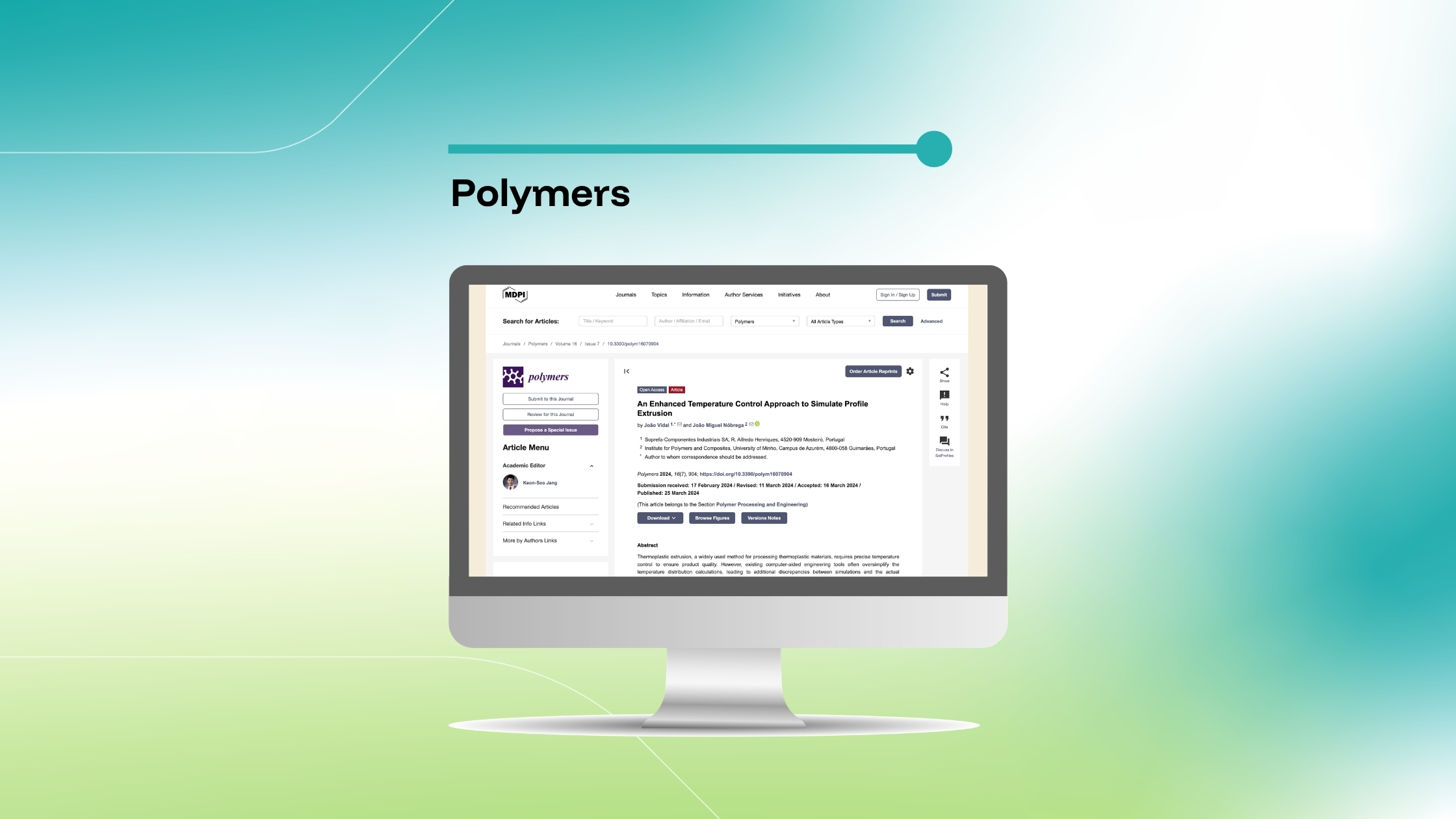 Imagem que destaca um artigo da revista Polymers intitulado «An Enhanced Temperature Control Approach to Simulate Profile Extrusion», exibida num ecrã de computador sobre um fundo com um gradiente azul e verde.