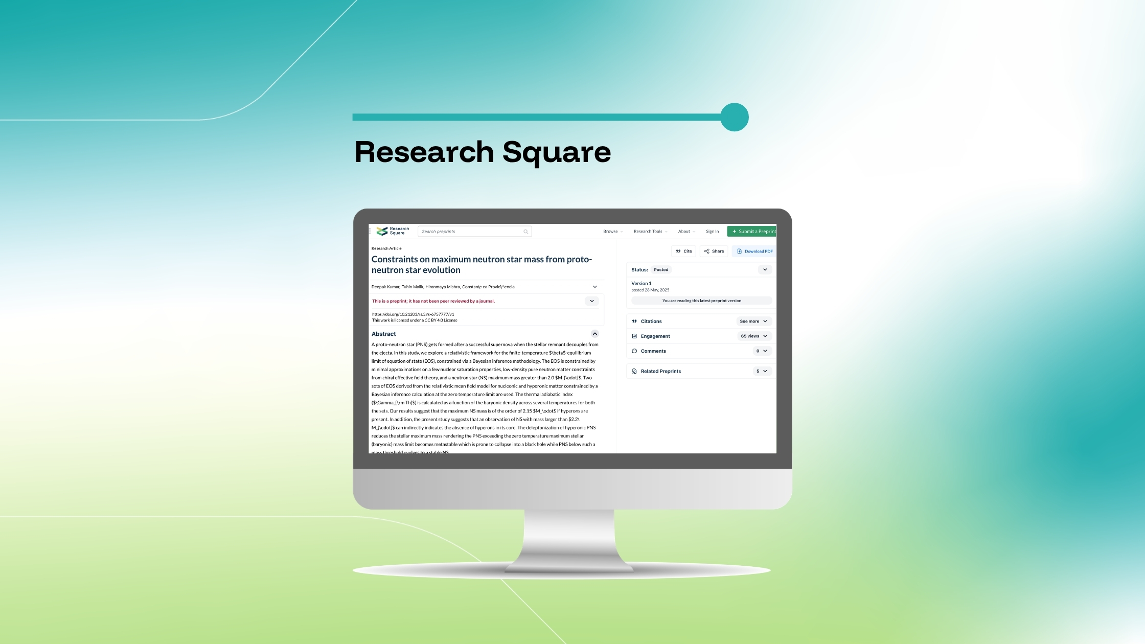 Imagem que destaca um pré-artigo publicado no Research Square intitulado «Constraints on maximum neutron star mass from proto-neutron star evolution», exibido num ecrã de computador sobre um fundo com um gradiente azul e verde.