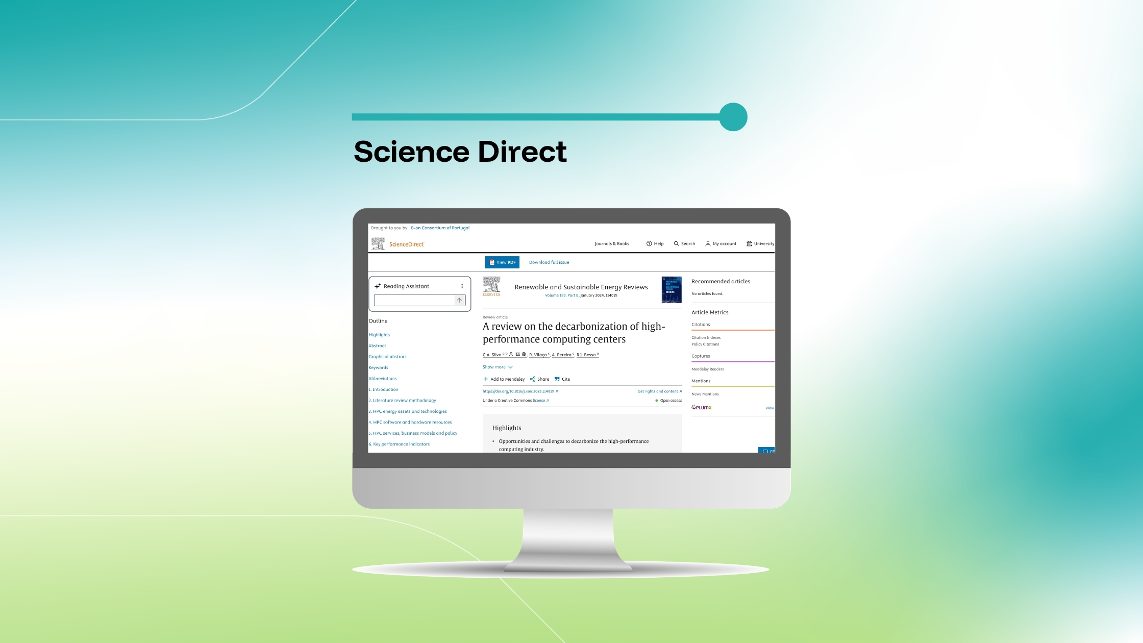 Imagem que destaca um artigo da ScienceDirect intitulado «A review on the decarbonization of high-performance computing centers», exibido num ecrã de computador sobre um fundo com um gradiente azul e verde.