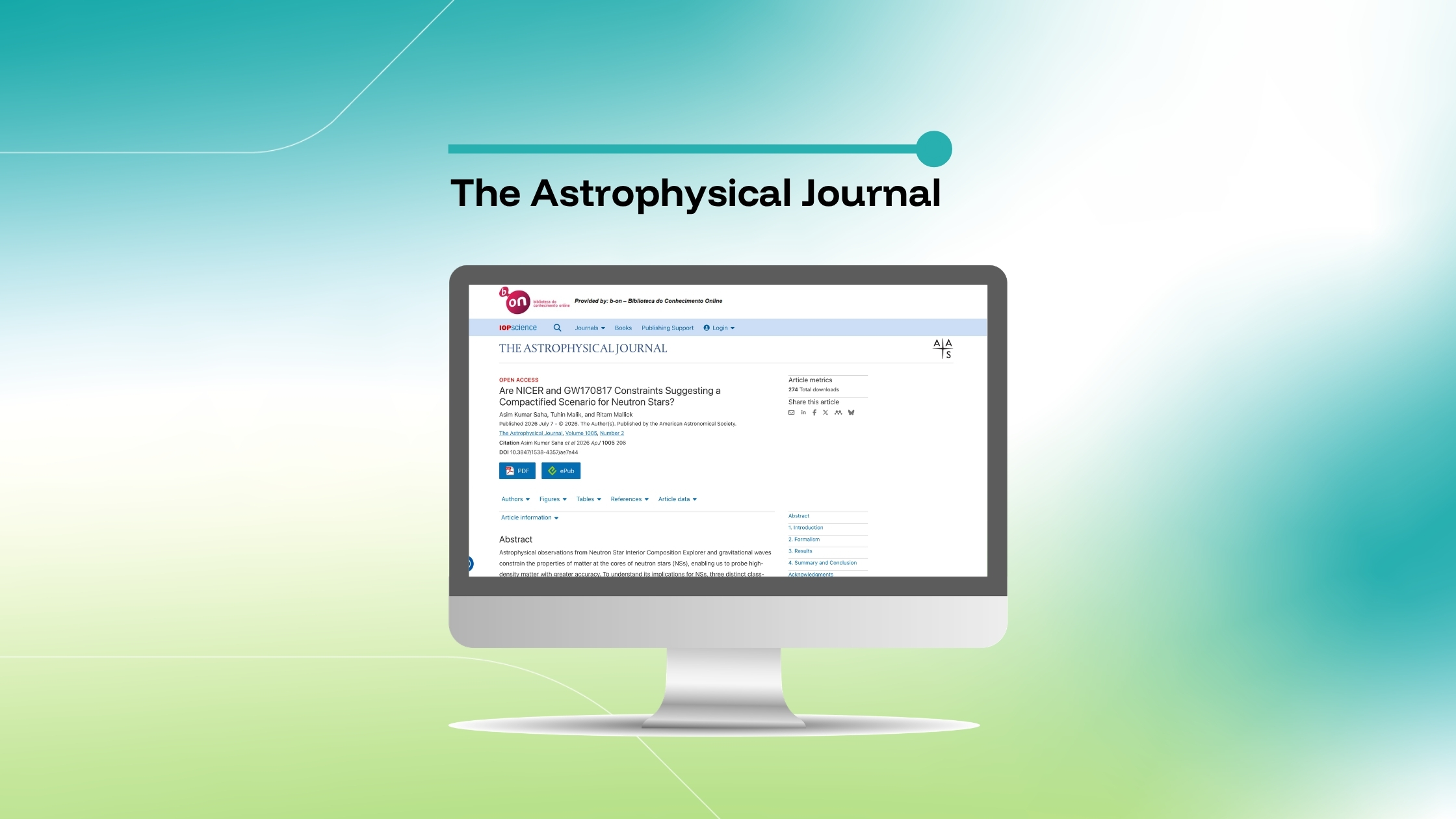 Imagem que destaca um artigo da revista *The Astrophysical Journal* intitulado «Are NICER and GW170817 Constraints Suggesting a Compactified Scenario for Neutron Stars?», exibido num ecrã de computador sobre um fundo com um gradiente azul e verde.
