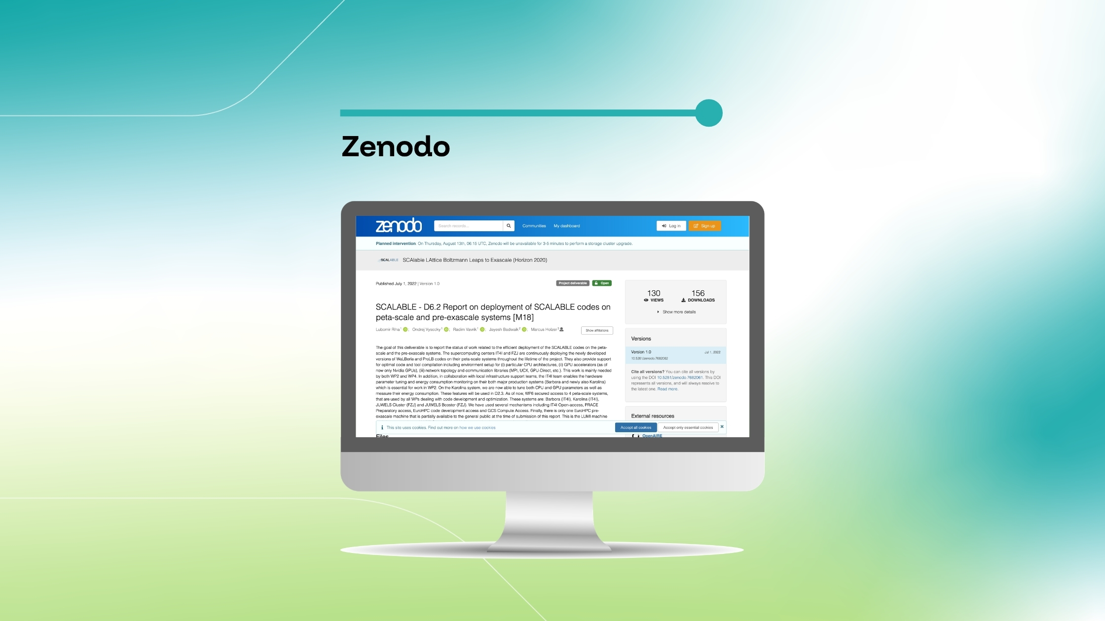 Imagem que destaca um relatório do Zenodo intitulado «SCALABLE - D6.2 Report on deployment of SCALABLE codes on peta-scale and pre-exascale systems [M18]», exibido num ecrã de computador sobre um fundo com um gradiente azul e verde.