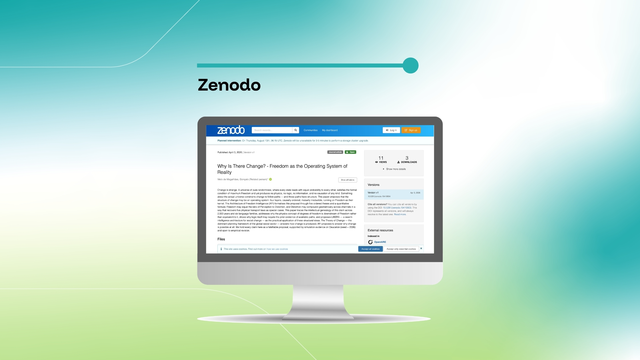 Imagem que destaca uma publicação no Zenodo intitulada «Why Is There Change? - Freedom as the Operating System of Reality», exibida num ecrã de computador sobre um fundo com um gradiente azul e verde.