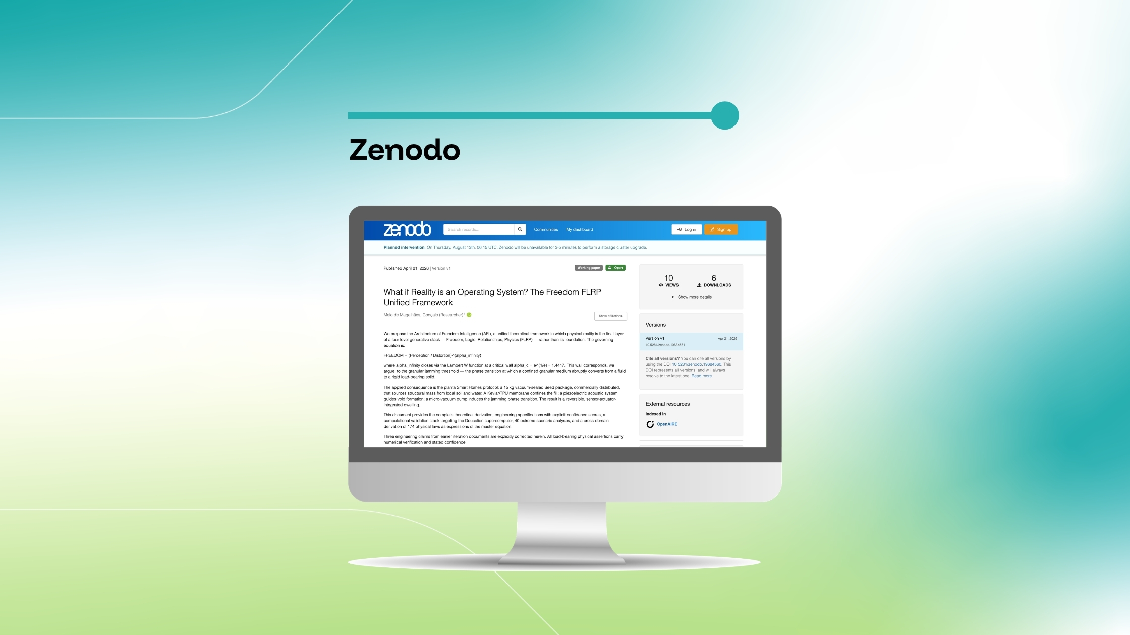 Imagem que destaca uma publicação no Zenodo intitulada «What if Reality is an Operating System? The Freedom FLRP Unified Framework», exibida num ecrã de computador sobre um fundo com um gradiente azul e verde.
