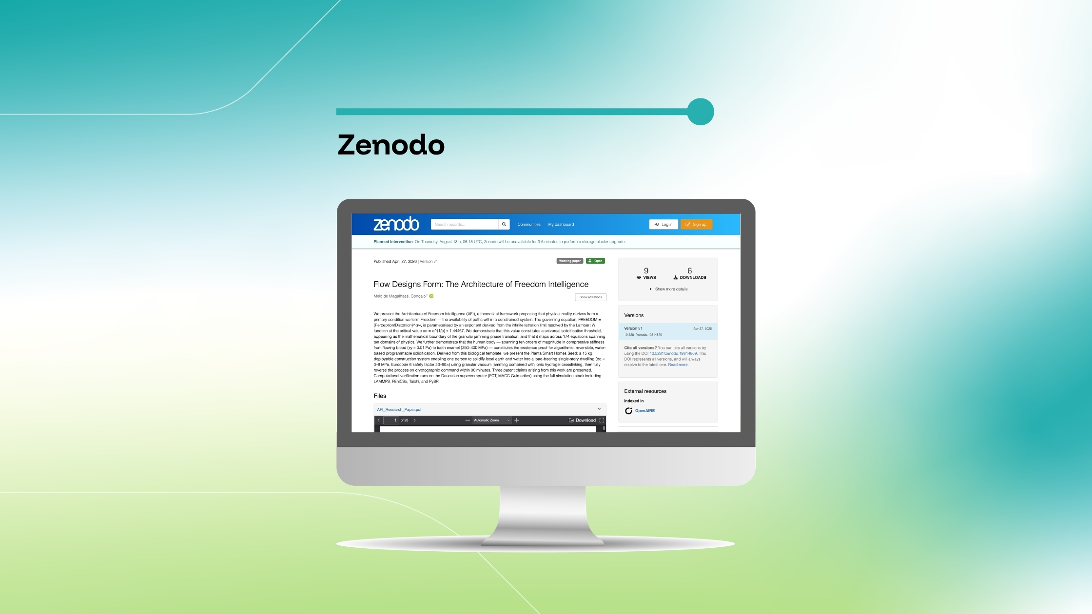 Imagem que destaca uma publicação no Zenodo intitulada «Flow Designs Form: The Architecture of Freedom Intelligence», exibida num ecrã de computador sobre um fundo com um gradiente azul e verde.