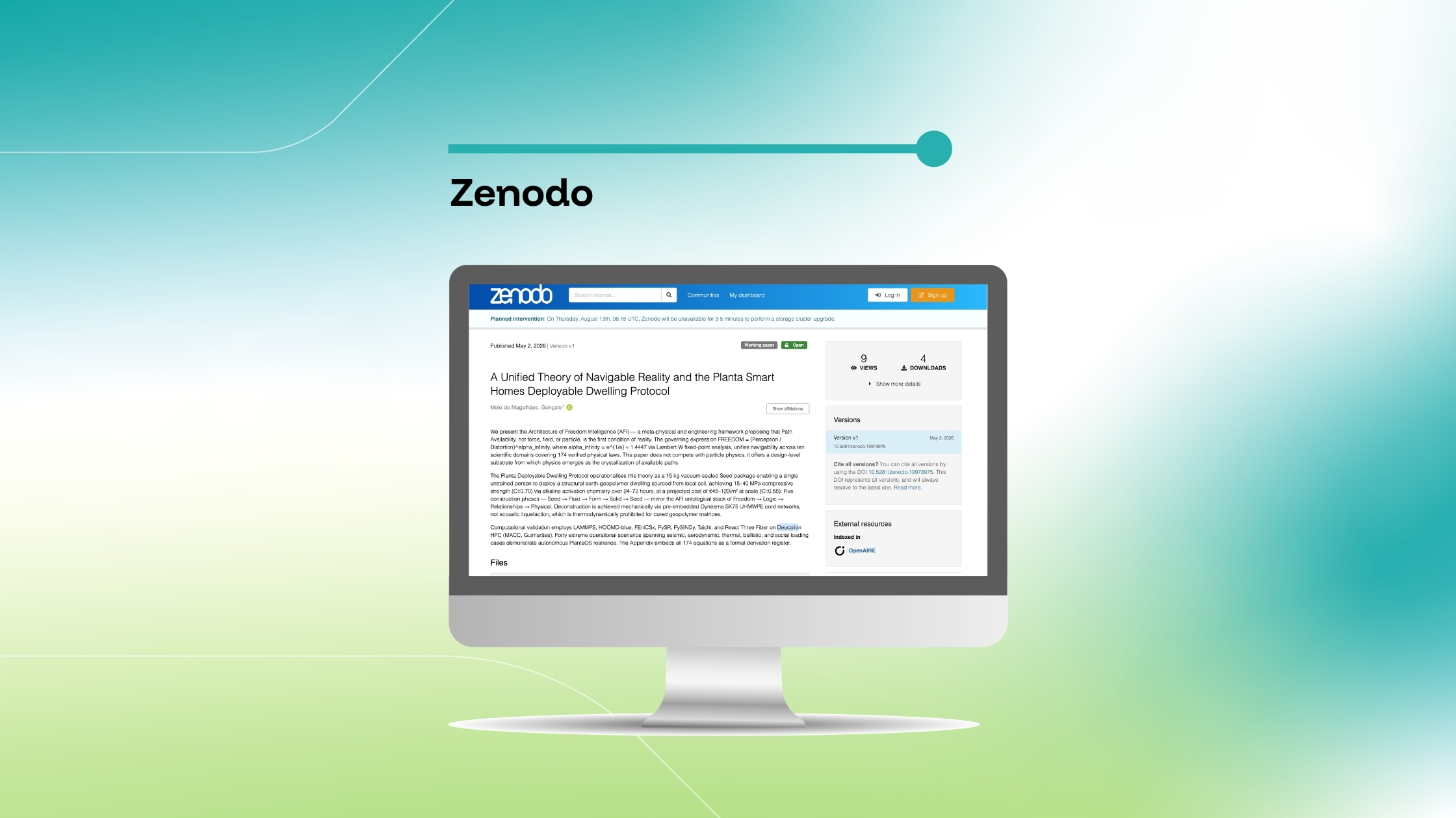 Imagem que destaca uma publicação no Zenodo intitulada «A Unified Theory of Navigable Reality and the Planta Smart Homes Deployable Dwelling Protocol», exibida num ecrã de computador sobre um fundo com um gradiente azul e verde.