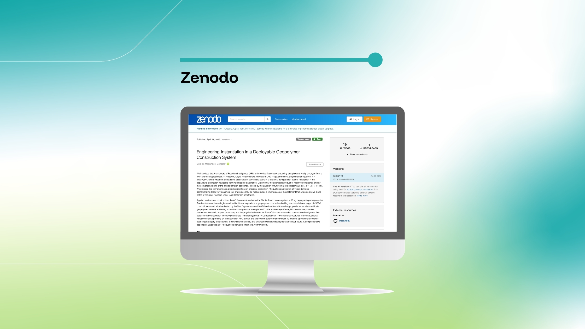 Imagem que destaca uma publicação no Zenodo intitulada «Engineering Instantiation in a Deployable Geopolymer Construction System», exibida num ecrã de computador sobre um fundo com um gradiente azul e verde.