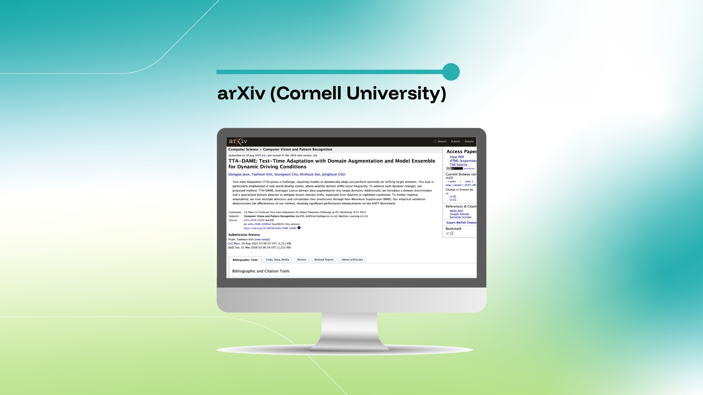 Imagem que destaca um artigo do arXiv intitulado «TTA-DAME: Test-Time Adaptation with Domain Augmentation and Model Ensemble for Dynamic Driving Conditions», exibida num ecrã de computador sobre um fundo com um gradiente azul e verde.