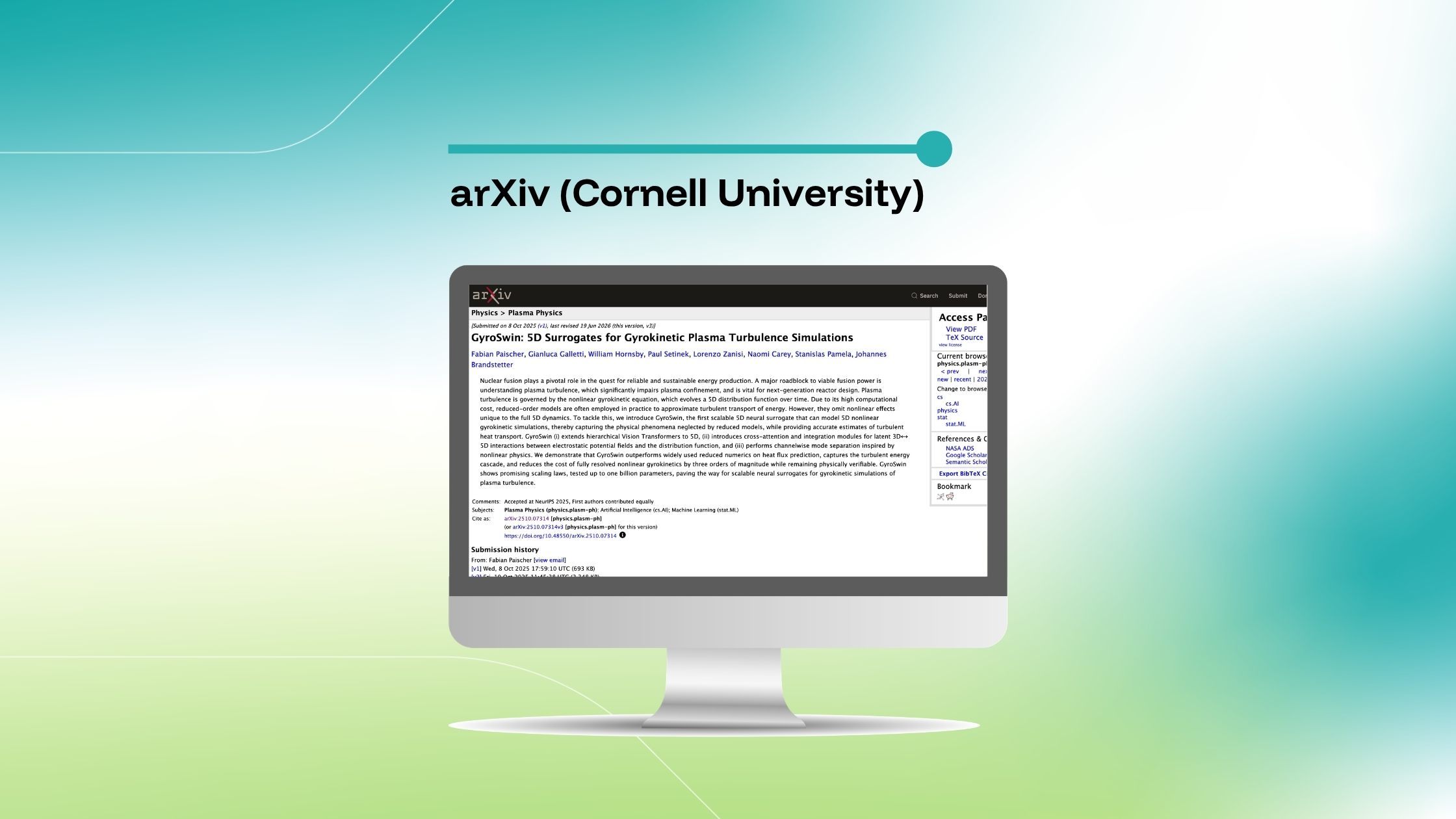 Imagem que destaca um artigo do arXiv intitulado «GyroSwin: Surrogados em 5D para simulações de turbulência girocinética do plasma», exibido num ecrã de computador sobre um fundo com um gradiente azul e verde.