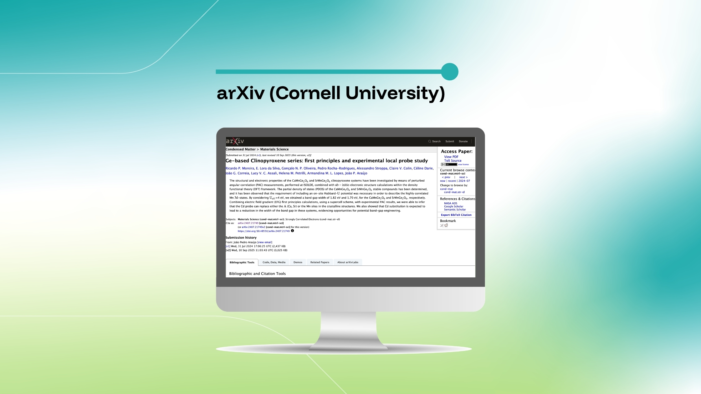 Imagem que destaca um artigo do arXiv intitulado «Ge-based Clinopyroxene series: first principles and experimental local probe study», exibida num ecrã de computador sobre um fundo com um gradiente azul e verde.