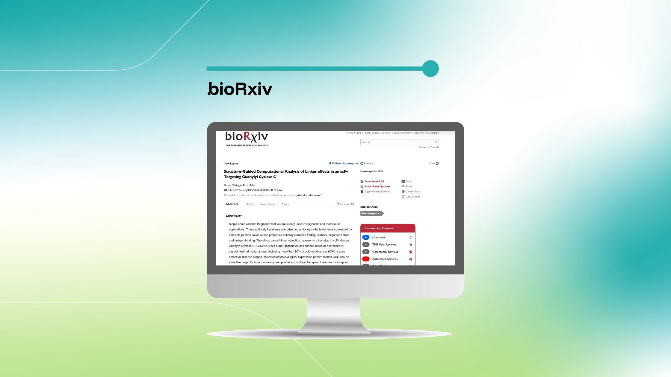 Imagem que destaca um pré-artigo publicado no bioRxiv intitulado «Structure-Guided Computational Analysis of Linker Effects in an scFv Targeting Guanylyl Cyclase C», exibida num ecrã de computador sobre um fundo com um gradiente azul e verde.